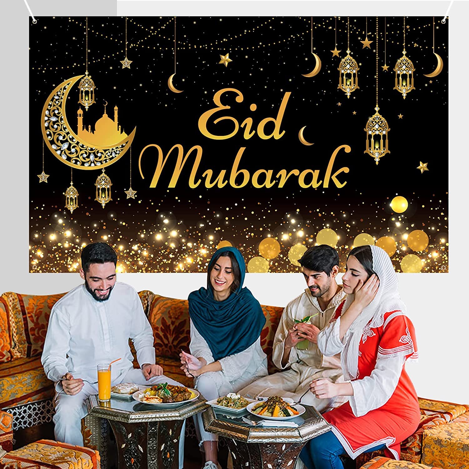 185x110cm Decorazioni Banner Ramadan Mubarak, Ramadan Mubarak Sfondo Striscione Eid Mubarak Sfondo del Feste Stelle Luna Castelli Photo Booth Sfondo Bandiera per Muslim Al-Fitr Party (Nero