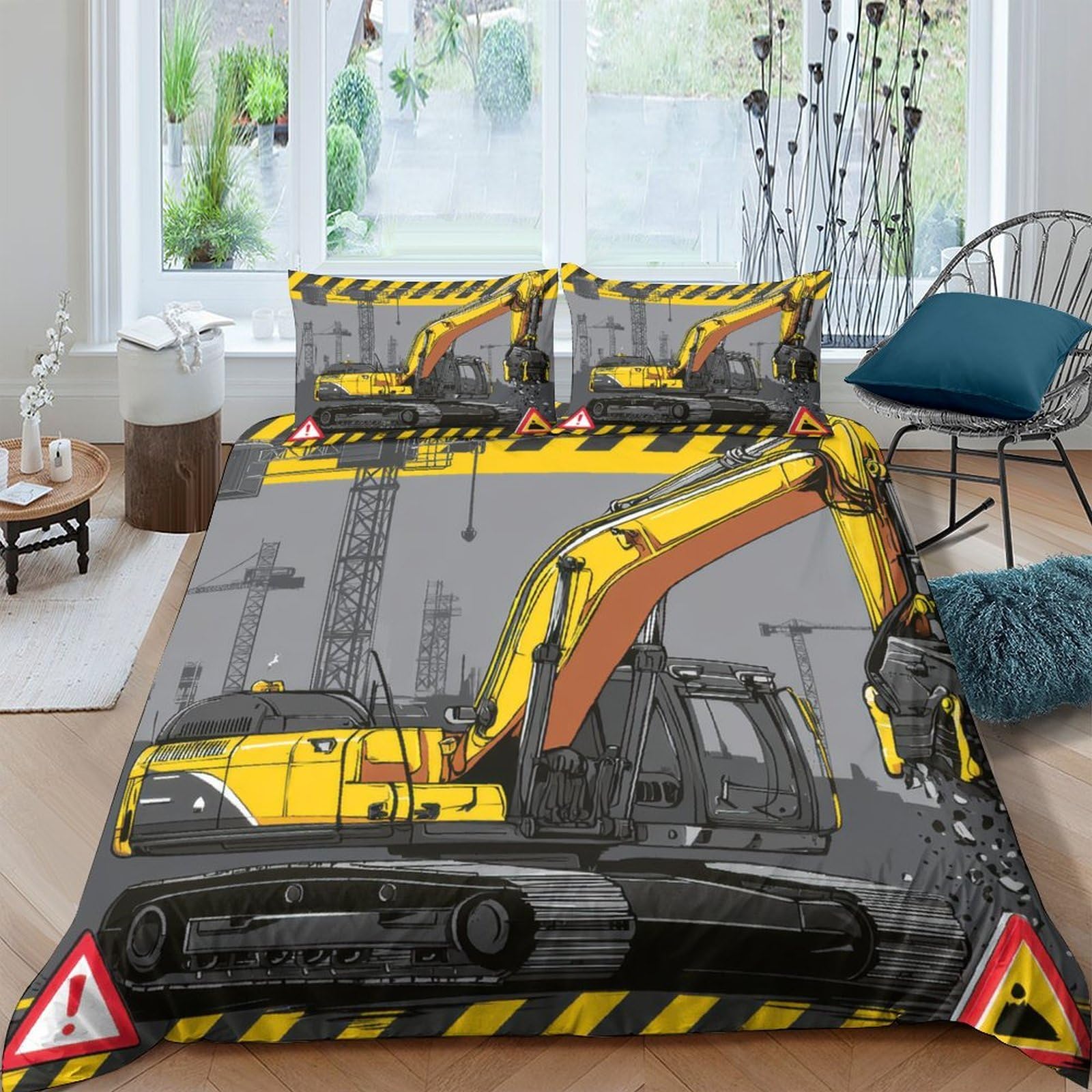 Ctjqhvkz Style-4 3D Printed Construction Digger Fitted Sheet Microfiber Soft Grey Yellow Excavator Bed Cover For Bedroom Dorm Decor Single（135X200cm）