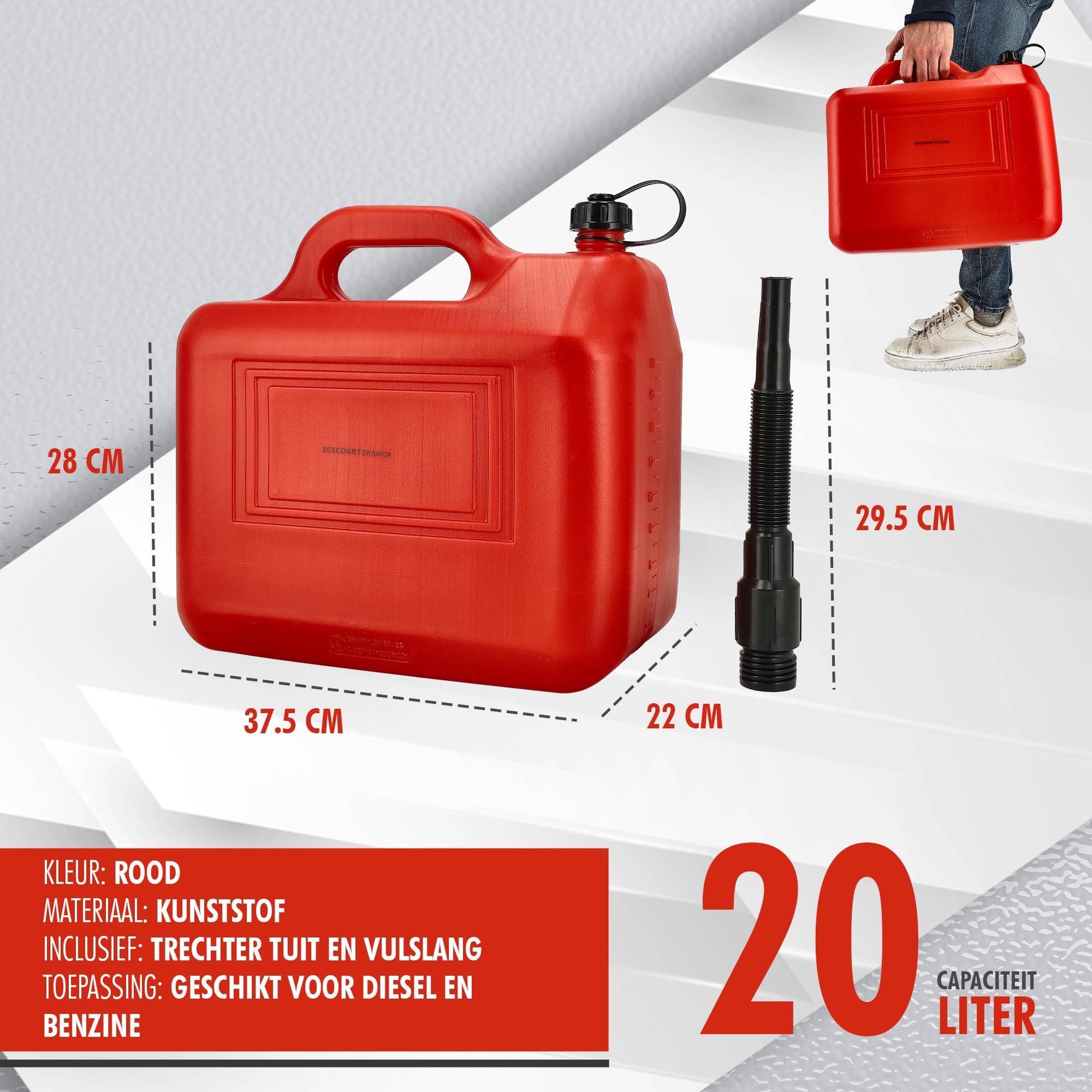 Jerrycan con Embudo Rojo 20L - Juego de 5 - Para Combustibles, Tapa con Cierre y Mango I Polietileno - Certificados por la ONU Jerrycans de combustible
