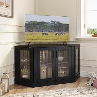 Panana Corner TV Stand - 47 Inch Media Console with 4 Doors and Shelves, Living Room Storage Entertainment Center for TVs up to 51 Inch (Black)