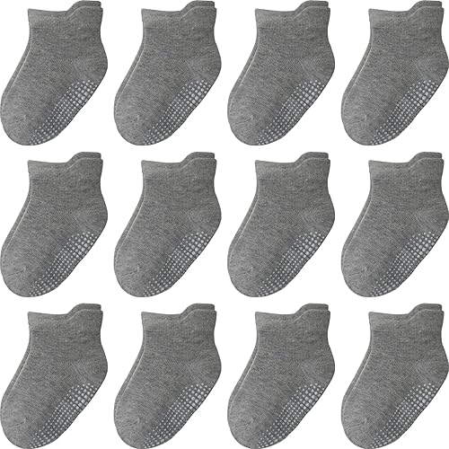Aroveea Calcetines tobilleros antideslizantes para bebés, niños y niñas, paquete de 12, calcetines de algodón para bebés