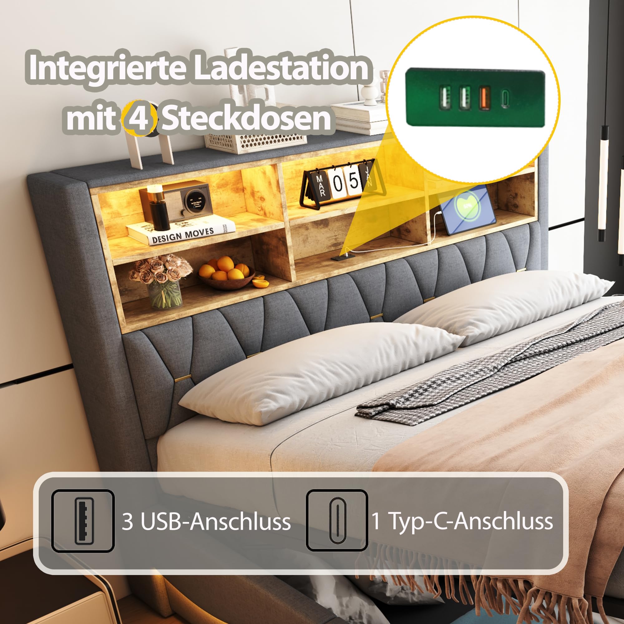 LAKFEW Doppelbett Polsterbett 180x200 cm mit LED-Lichtband und USB-Kopfteil, Hydraulisch Bett mit Stauraum, Bettgestell mit Lattenrost, Schlafzimmer Möbel, Grau, Leinen, Ohne Matratze