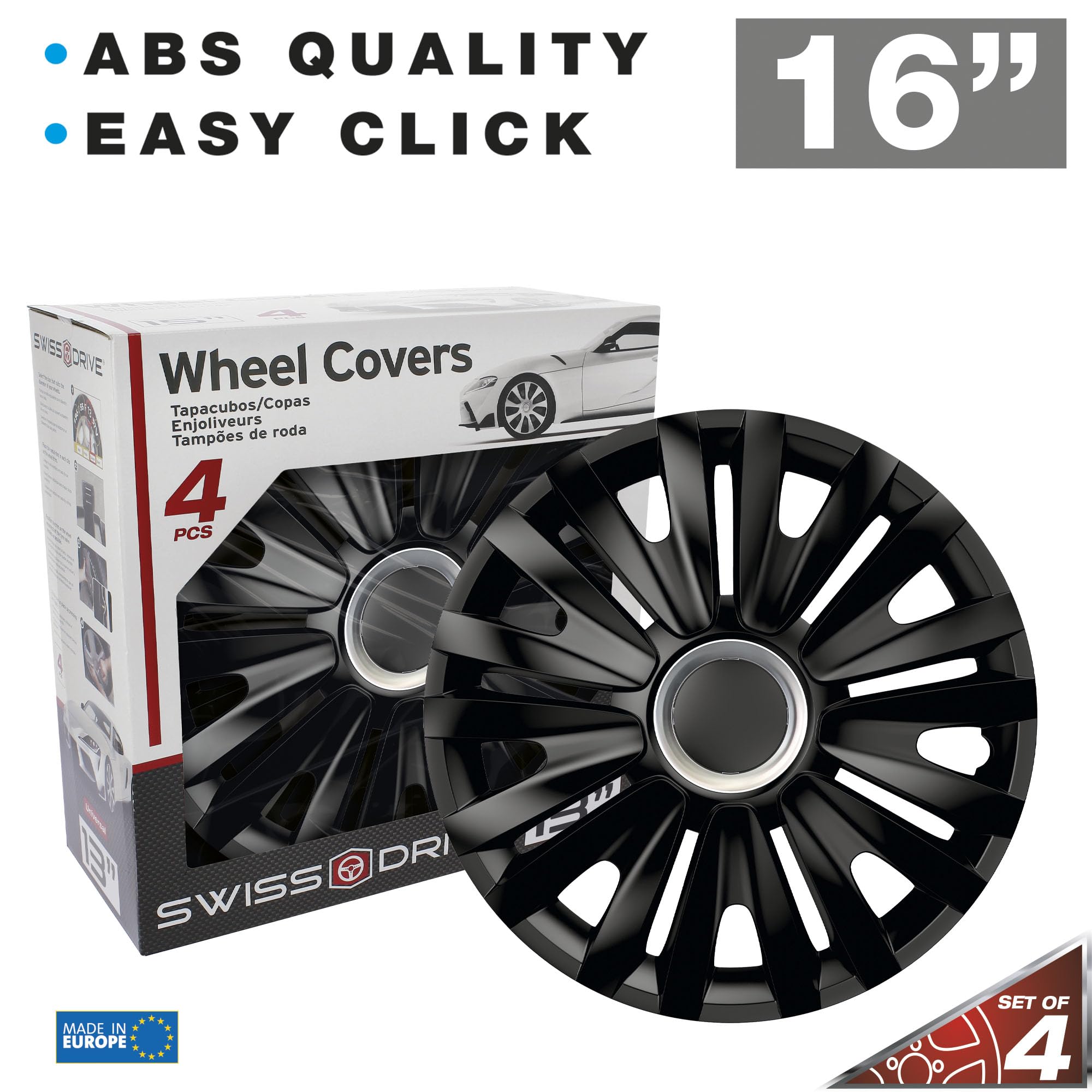 S SUMEX Juego de 4 Tapacubos de 16 Pulgadas Diseño Illinois RC Black, Acabado Negro y ABS Resistente a Fuertes Impactos, Duradero y Fiable con Anillo de sujeción Ajustable — view 4