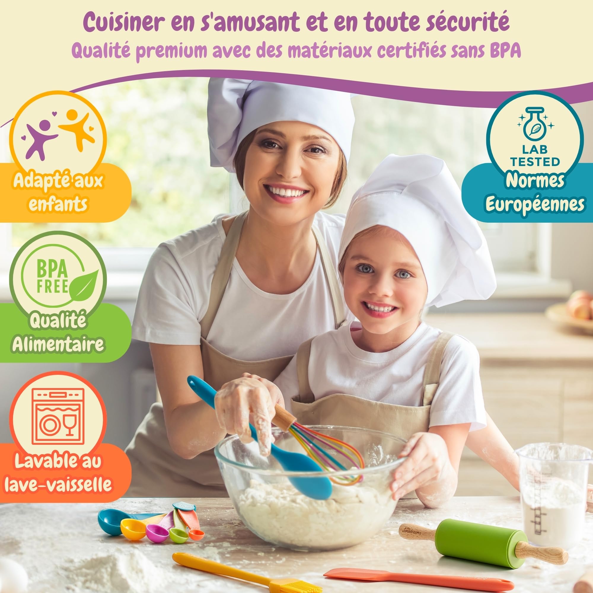 Kit Cuisine Enfant Montessori avec Couteaux Sécurisés - Vrais Ustensiles sans BPA, Set Couteau et Planche à découper, Coffret Cadeau Petit Chef 3 Ans