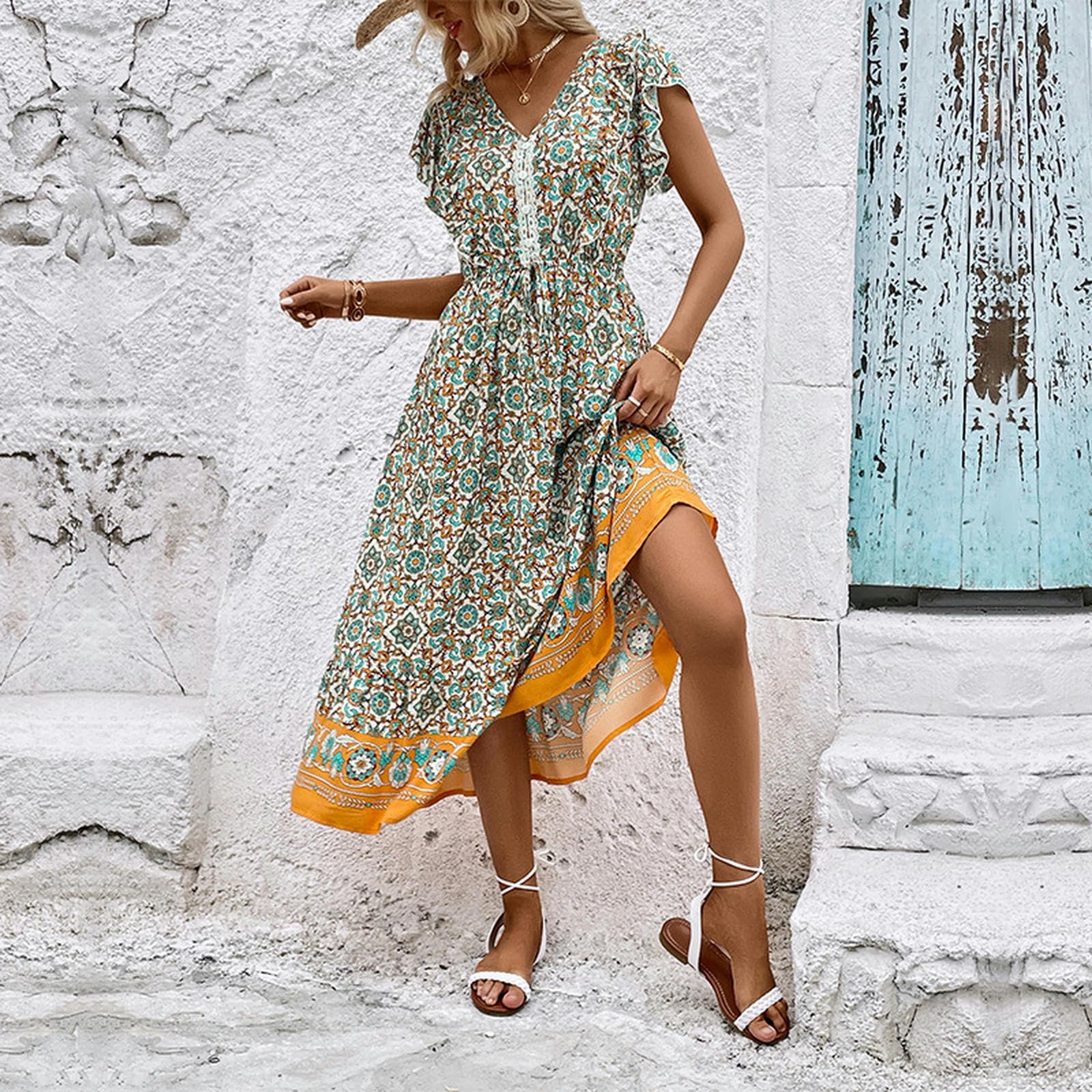 Vestido largo de verano para mujer, estilo bohemio, con estampado floral, cuello en V, manga corta, vestido midi YYEFNMAZ