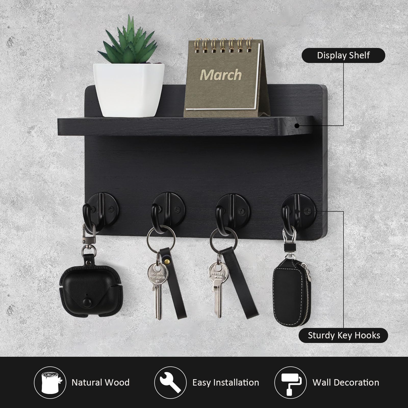 Nekon Key Holder Wall Mount, 8.5 Inch Small Home Decor Wooden Wall Organizer with 4 Hooks and Shelf - Image 4