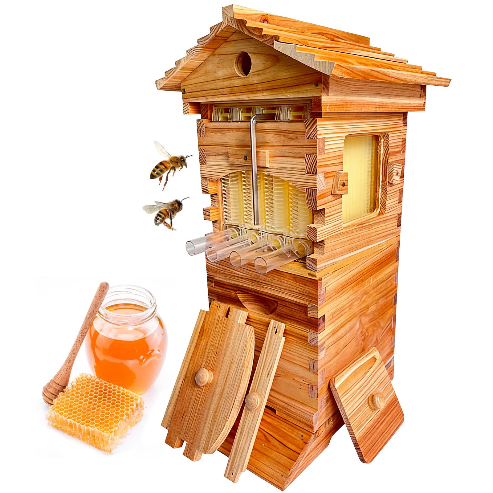 Arnia con Finestra di Visualizzazione Trasparente – Arnia A Flusso Automatico per Principianti, Kit di Avviamento per Arnia in Legno per Apicoltura Urbana, Raccolta del Miele Facile
