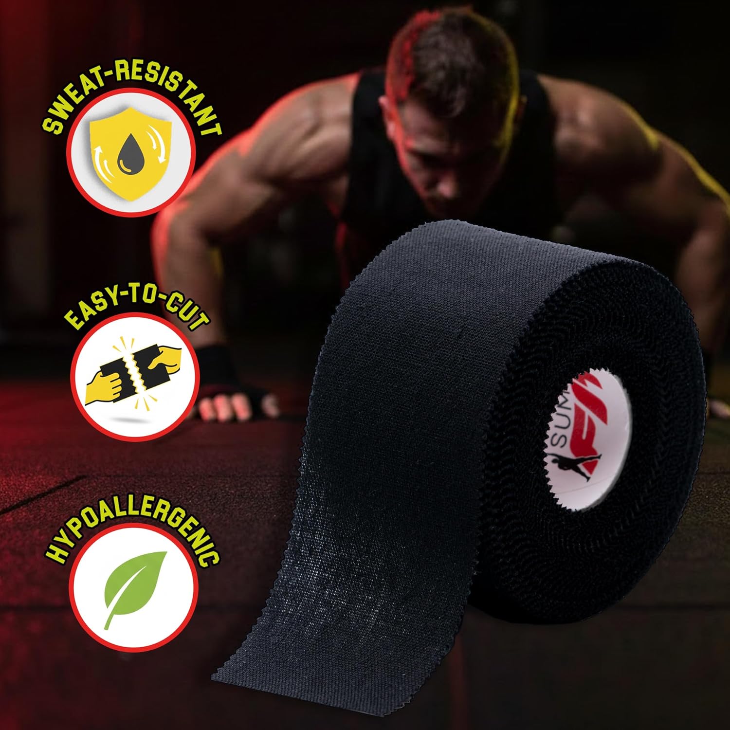 Black Athletic Tape Extremely Strong: 24 Rolls + 6 Finger Roll. Easy to Apply & No Residue. Sports Tape Athletic for Boxing Football Climbing or Gymnastics for Wrist Ankle & Hand Protection