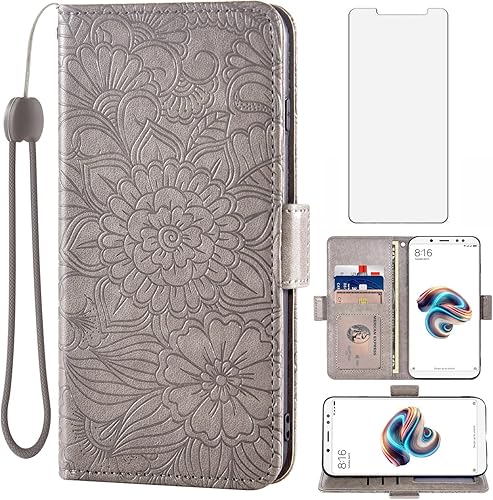 Asuwish Compatible con Xiaomi Redmi Note 5Note5 Pro Wallet Case y protector de pantalla de vidrio templado, soporte para tarjetas, soporte de cuero,
