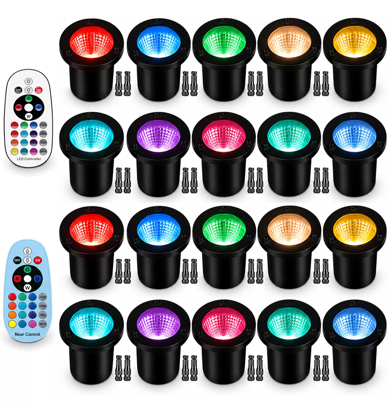 Photo 1 of Motrackcao 20 Pack RGB Low Voltage Landscape Lights, 10W 1200LM Color Changing LED Well Lights with 40 Connectors, IP67 Waterproof Outdoor In Ground Lights 12V-24V for Pathway Garden Yard Tree (20)