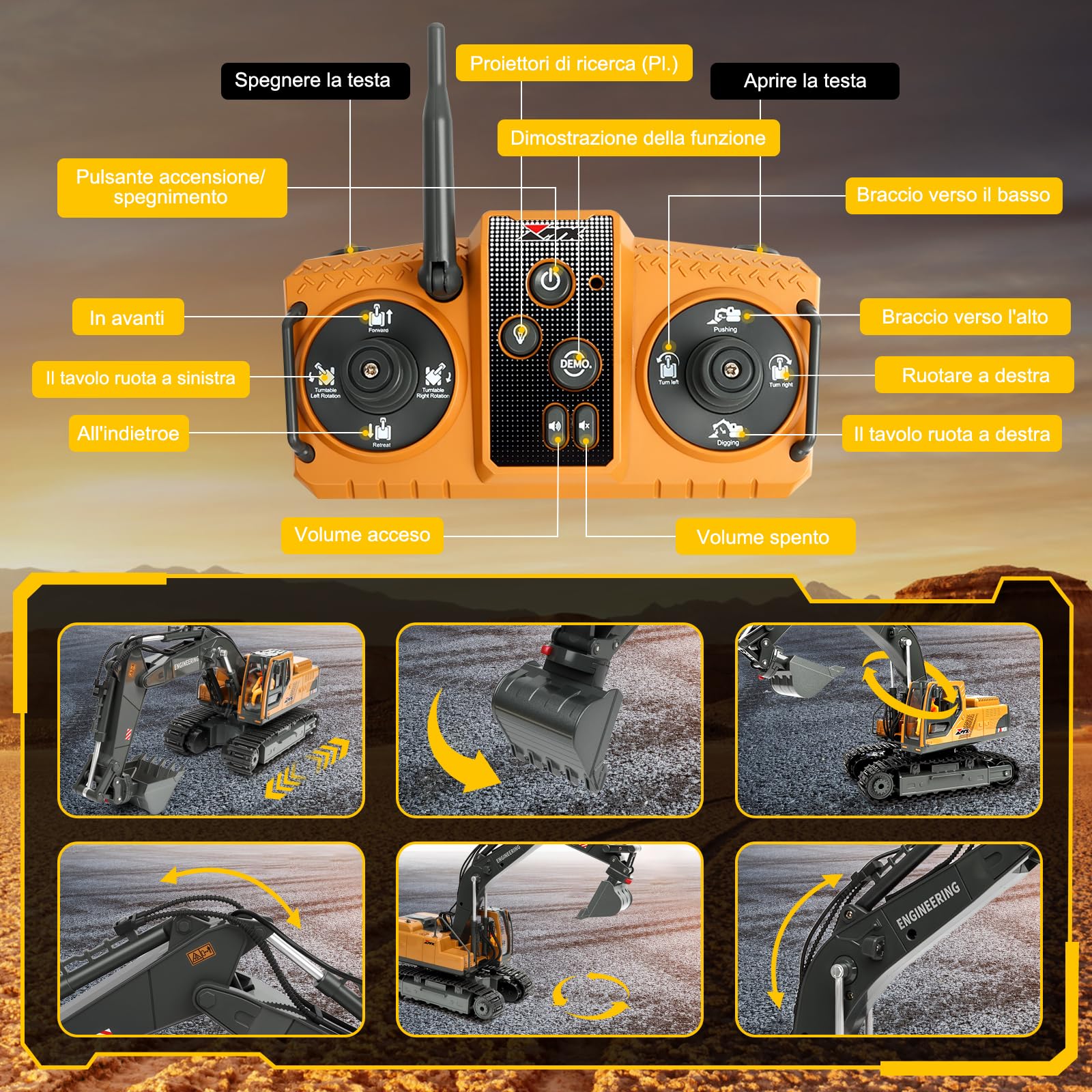 Charmofun Escavatore Radiocomandato 3-in-1, Giocattolo RC con 3 Teste in Metallo, Cabina Rotante 680° con Luci e Musica, Regalo per Bambini 3-12 Anni