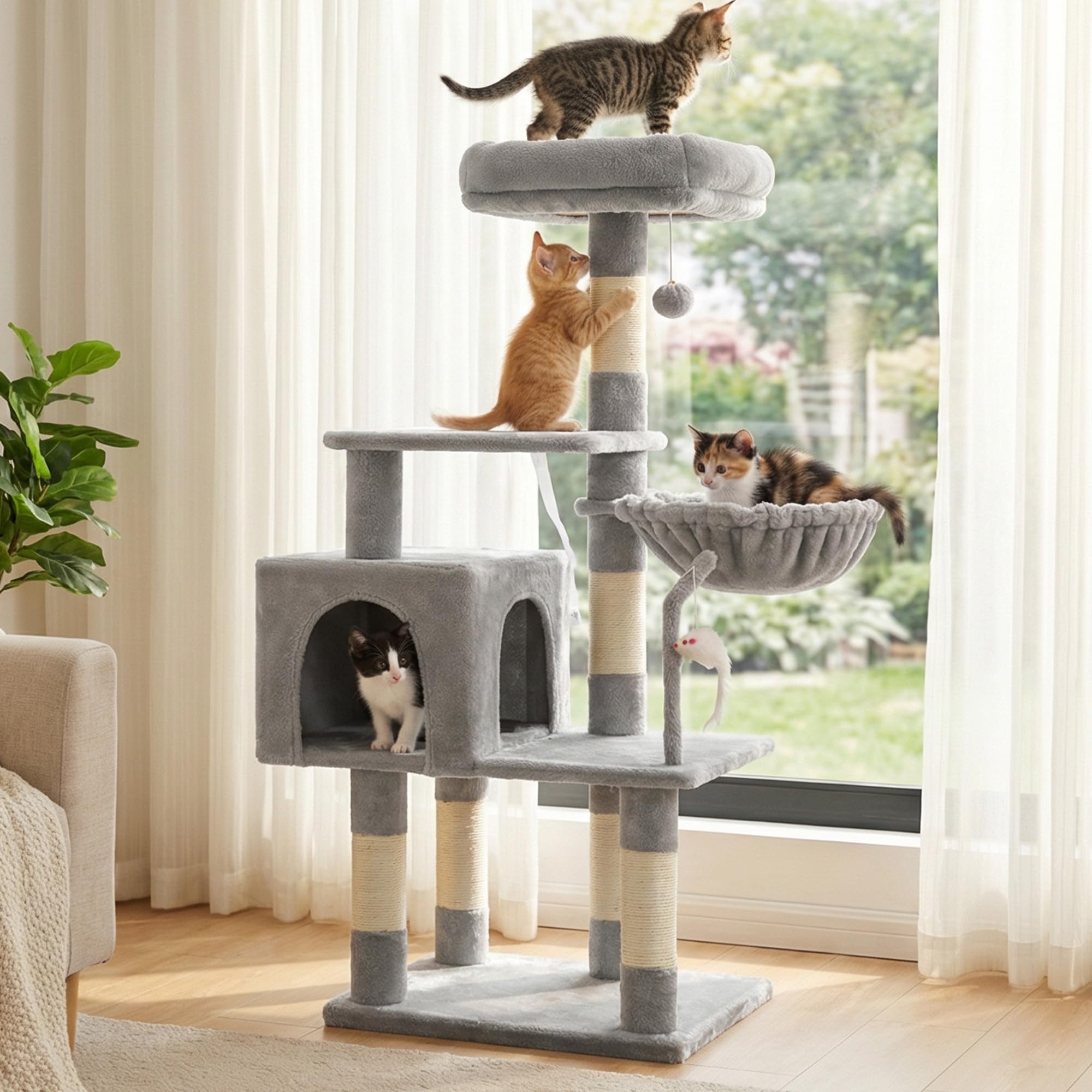 Hey-brother Arbre à Chat, Un Tour de Jeux pour Chats avec Jouets, Une Tour pour Chats intérieure équipée d'un perchoir bourré de Peluche et d'un hamac Confortable, Gris 0EMPJ004SW-N
