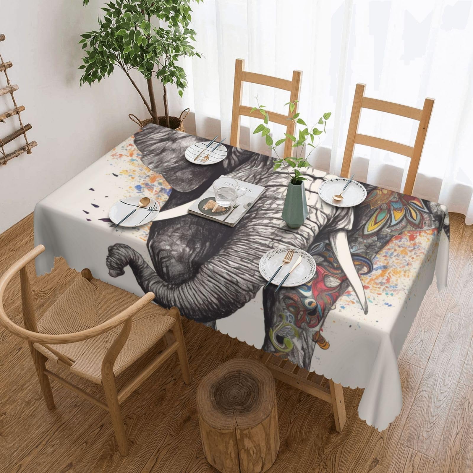 WPKJU Elephant Printed Rectangle Tablecloth 72x54 Inch with Lace Trim, Water-Resistant Washable Table Cover for Farmhouse Weddings, Outdoor Picnics & Holiday Dining