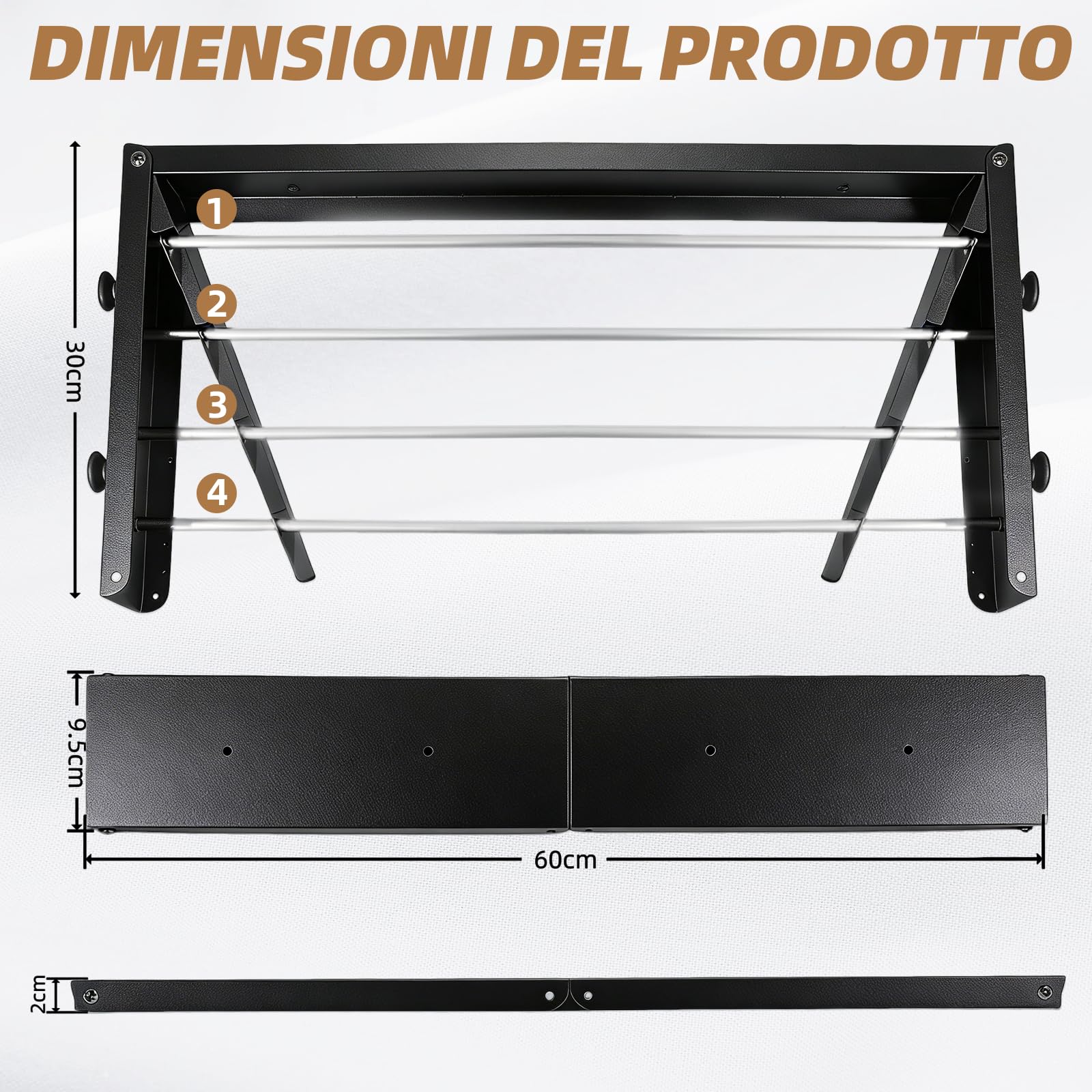 Stendibiancheria da parete in acciaio al carbonio, 60 cm, allungabile con 4 ganci, portata 25 kg, porta asciugamani salvaspazio adatto per balconi, terrazze e bagni (nero)