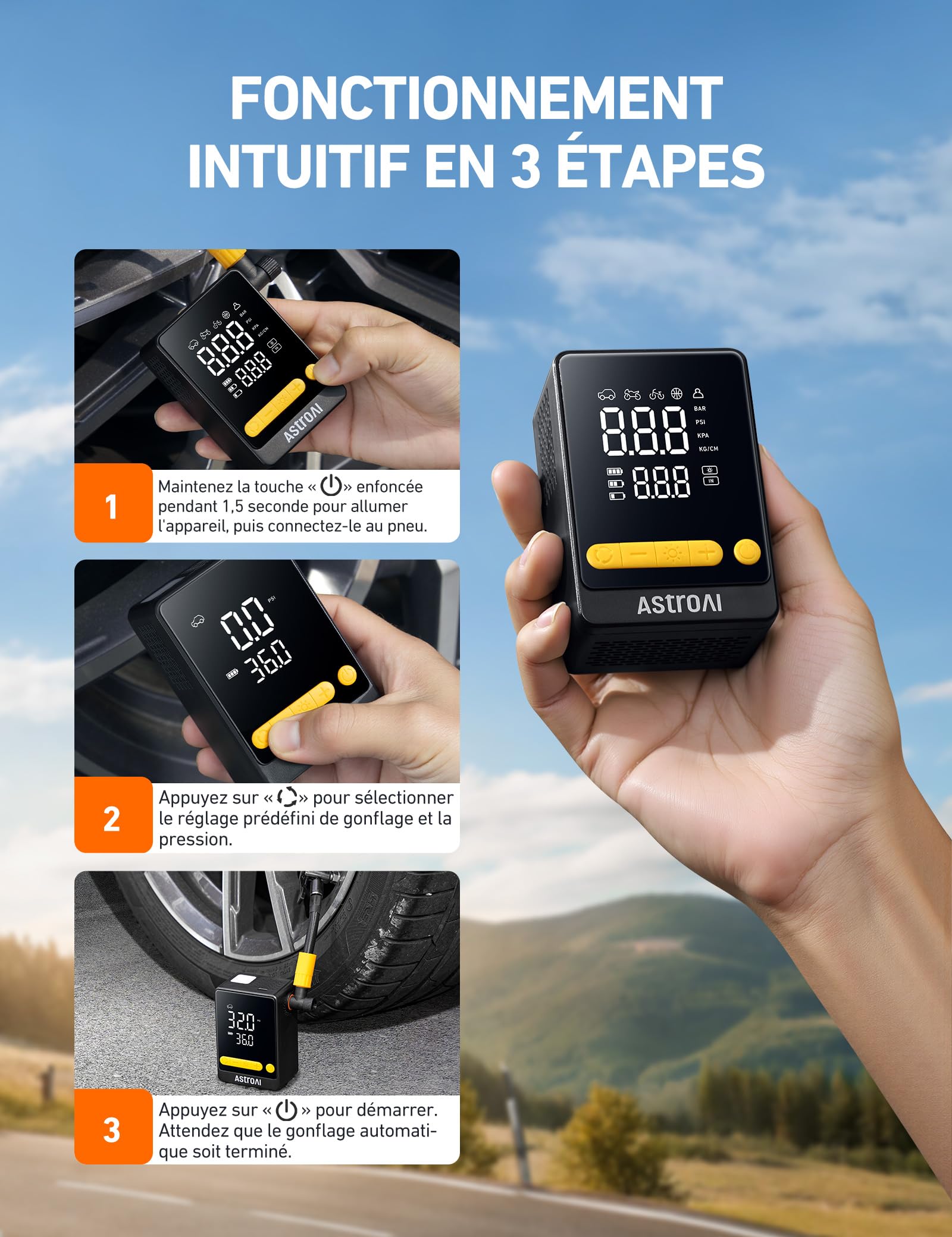 AstroAI Gonfleur Pneus Voiture sans Fil, Compresseur à Air Portatif, Mini Pompe Électrique 150PSI(10.3Bar) Gonflage 2X Plus Rapide, Compacte & Faciles Ranger Arrêt Automatique pour Voiture, Vélo, Moto