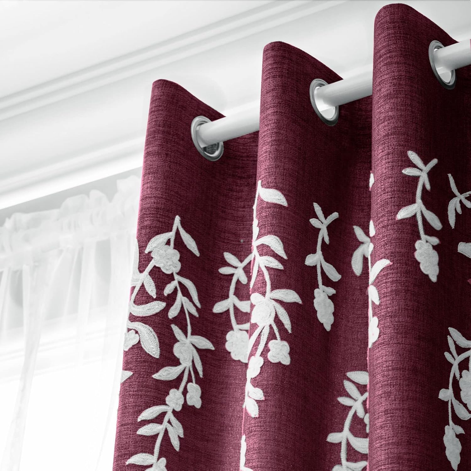 Melodieux Flower Embroidery Linen Blackout Burgundy Curtains for Living Room Bedroom Grommet Window Drape, White Flower, 52 by 84 Inch (1 Panel)