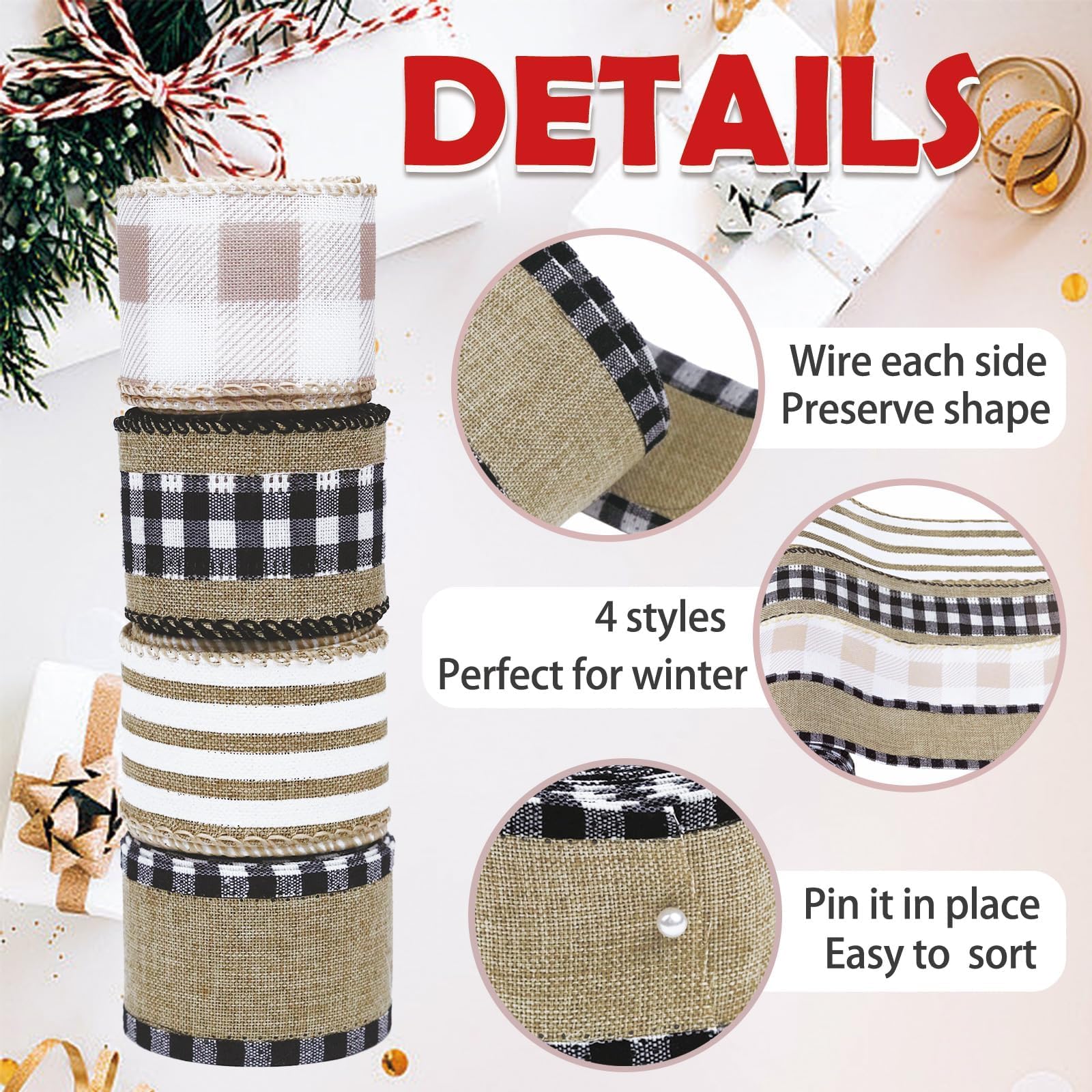 4 Rollen Winter Sackleinen kariert Band Draht Bordüre Weihnachten Urlaub DIY Geschenk Schmetterling Blumen Handwerk Dekor 3,8 cm breit 13,2 m (Natur)