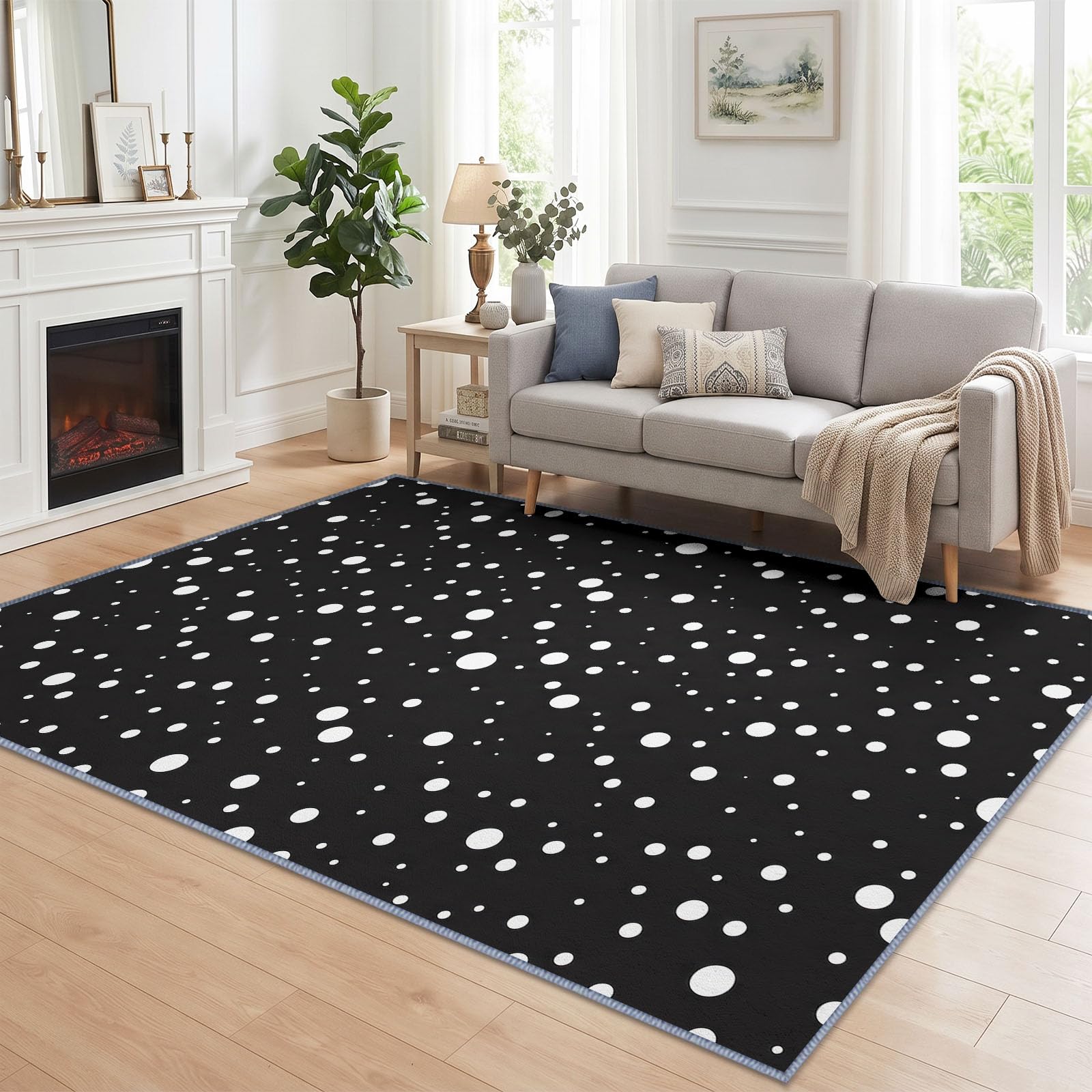 Générique Géométrie Pois Noirs Et Blancs Tapis Salon 160 x 230 cm, Lavable en Machine Antidérapant Tapis Moderne pour Chambre Descente de Lit Salle a Manger Bureau