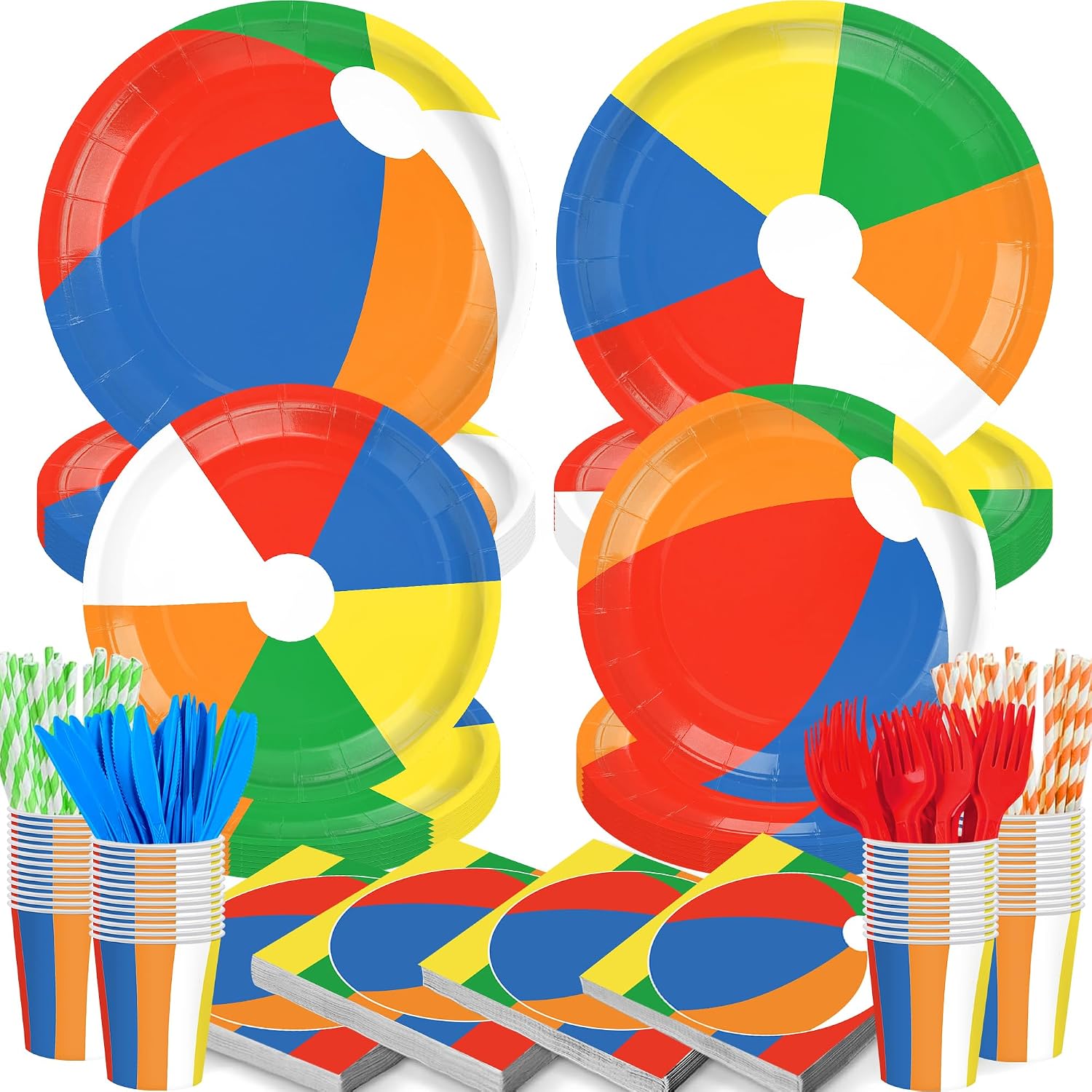 140PCS Summer Pool Beach Party Decorations Beach Pool Ball Themed Birthday Party Plates and Napkins Forks Knives Straws for Beach Pool Birthday Party Supplies Serve 20 Guests
