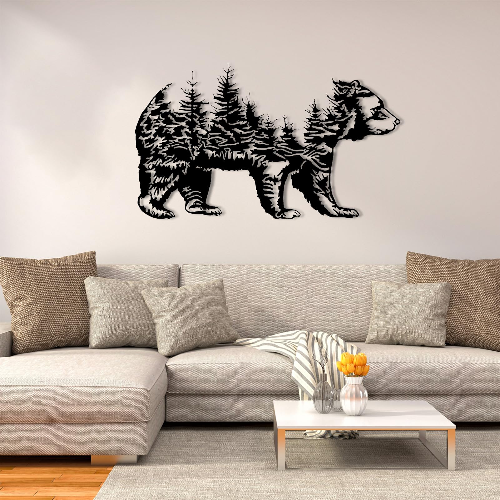 Nowoczesna minimalistyczna metalowa dekoracja ścienna z rustykalnym niedźwiedziem górskim idealna do salonu, sypialni lub na zewnątrz (53 x 31 cali / 135 x 79 cm, neg