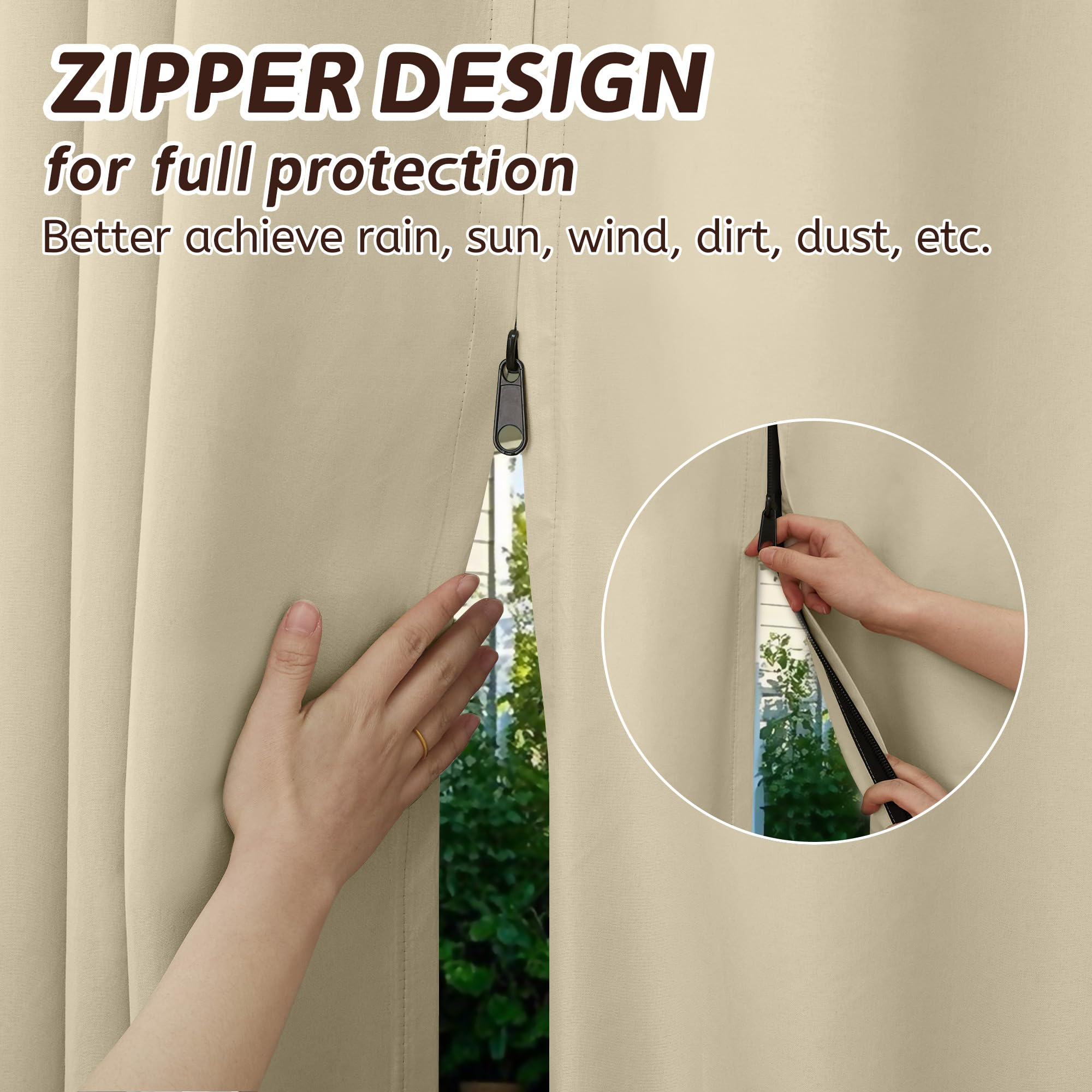 Arfntevss Outdoor Curtains for Patio Waterproof 2 Panels Blackout Curtains 84 inch Long with Zipper Top & Bottom Grommet Sun Blocking Outdoor Privacy Drape for Gazebo Porch Pergola (54x84, Beige)