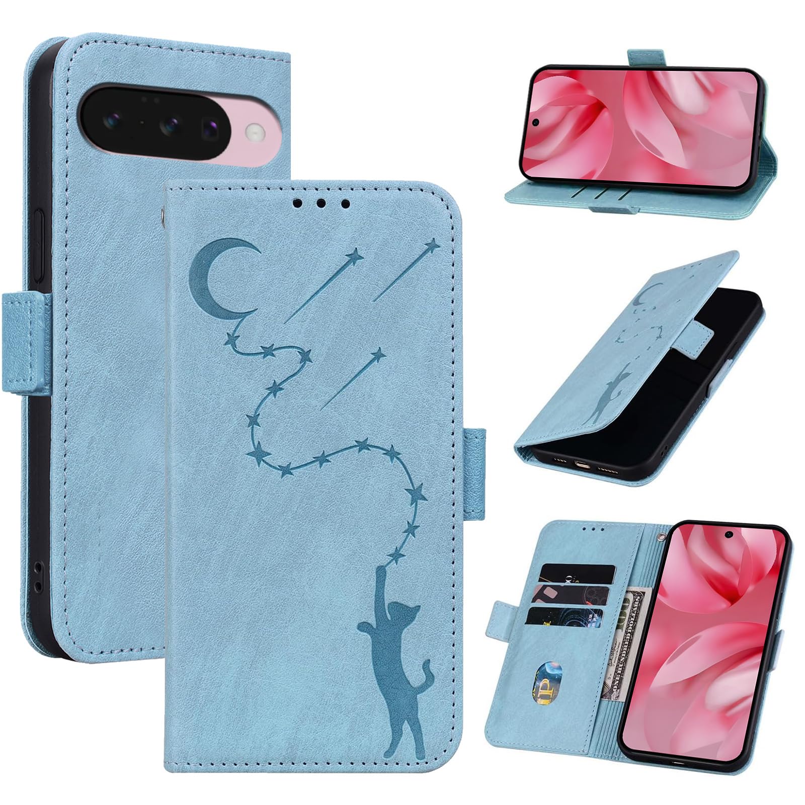 Google Pixel 10 / 10 Pro ケース 手帳型 Pixel10 スマホケース グーグルピクセル 10 手帳ケース Googleピクセル10 スマホカバー 全面保護 pixel10 proケース マグネット財布型 ぐーぐるぴくせる 10 カード収納 カード入れ PUレザー TPU スピーカーホール カード入れ スタンド機能 かわいい 猫 星 おしゃれ アイスブルー