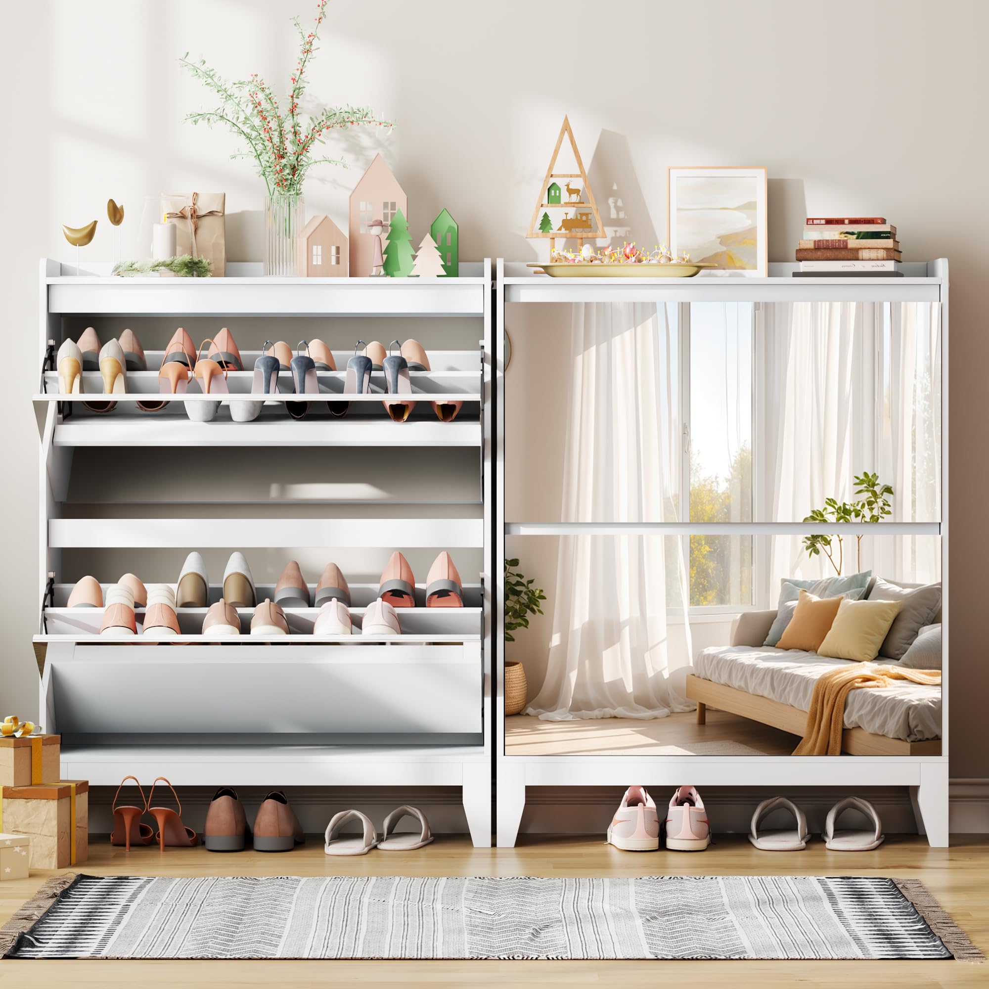 Vlsrka Scarpiera con Specchio, Scarpiera Ingresso con 2 Lembi, Scarpieras Salvaspazio Slim per 16 paia di scarpe, Cassettiera per scarpe Legno Corridoio, Ripiano Rimovibile, 103 x 80 x 25 cm, Bianco