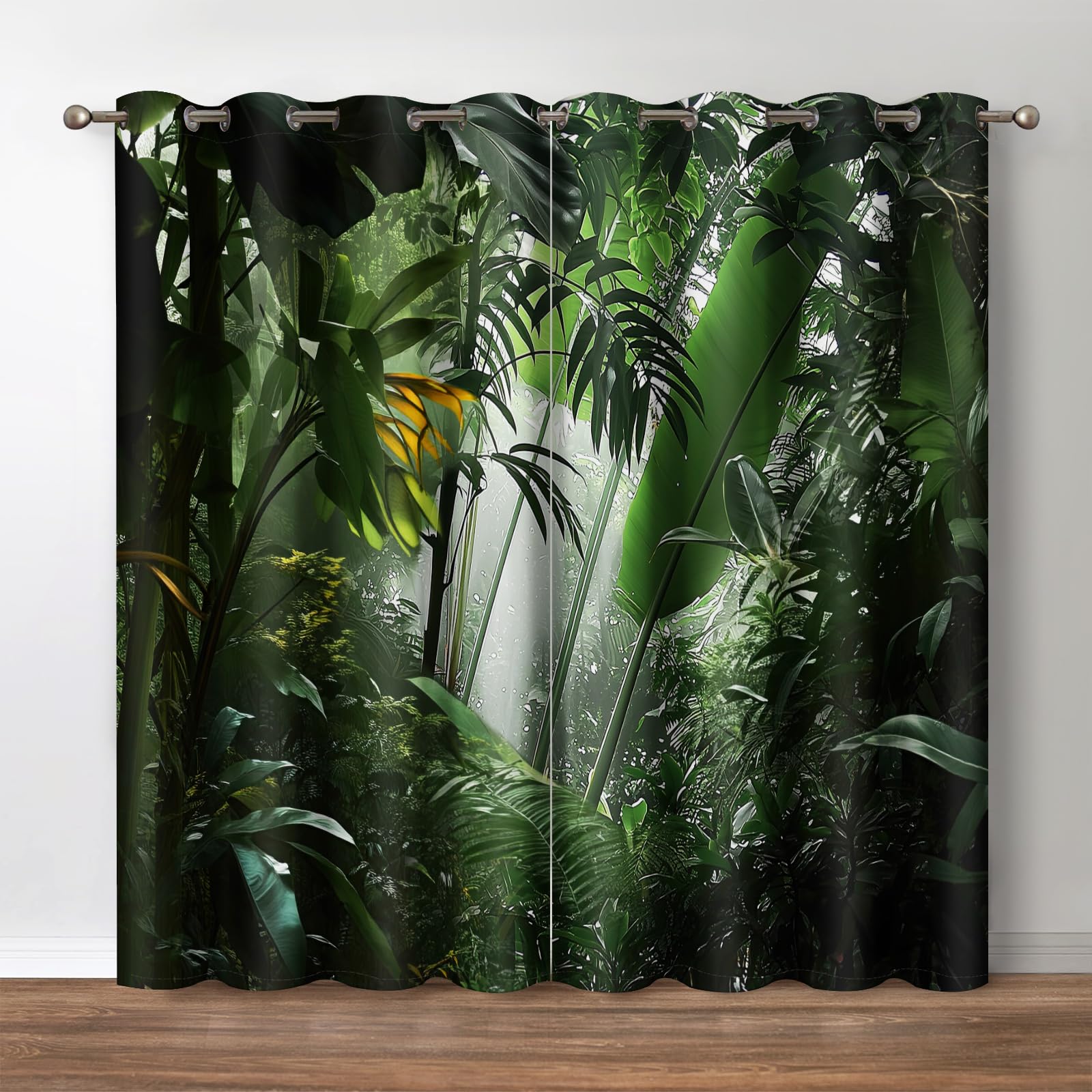 Jekeno Tropical Rainforest Plant Blackout Curtains Nature Wood Decor Home Bedroom Living Room Darkening Grommet Window Drapes 2 Panel Set, 42"x84"