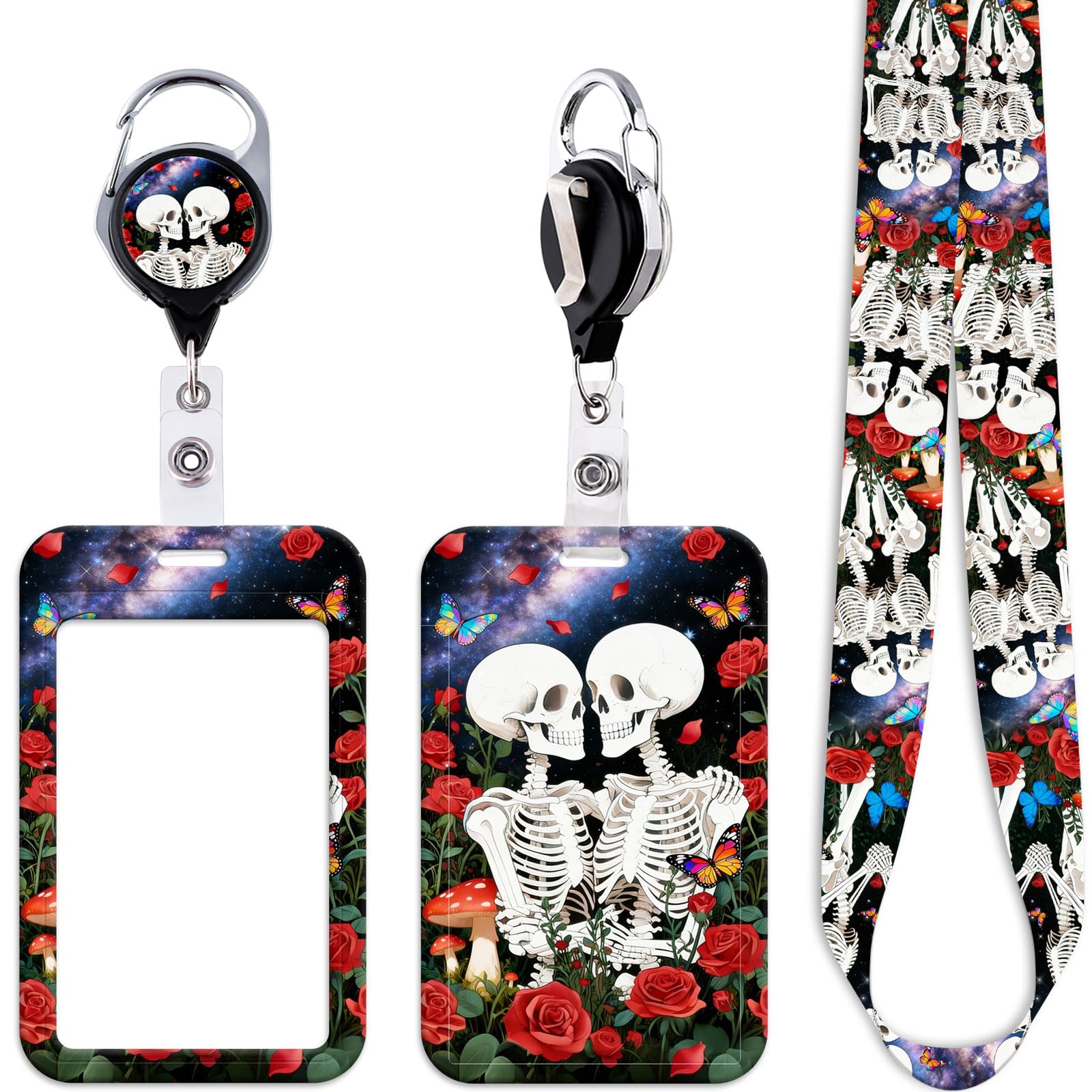 Cool Skeleton Badge Reel with ID Card Holder Lanyard Skull Heavy Duty Retractable Badge Holder Reel Clip Cute Rose Flowers & Butterfly Lanyard ID Holder for Keys Name Tag,for Nurses Staff & School ID — image 1