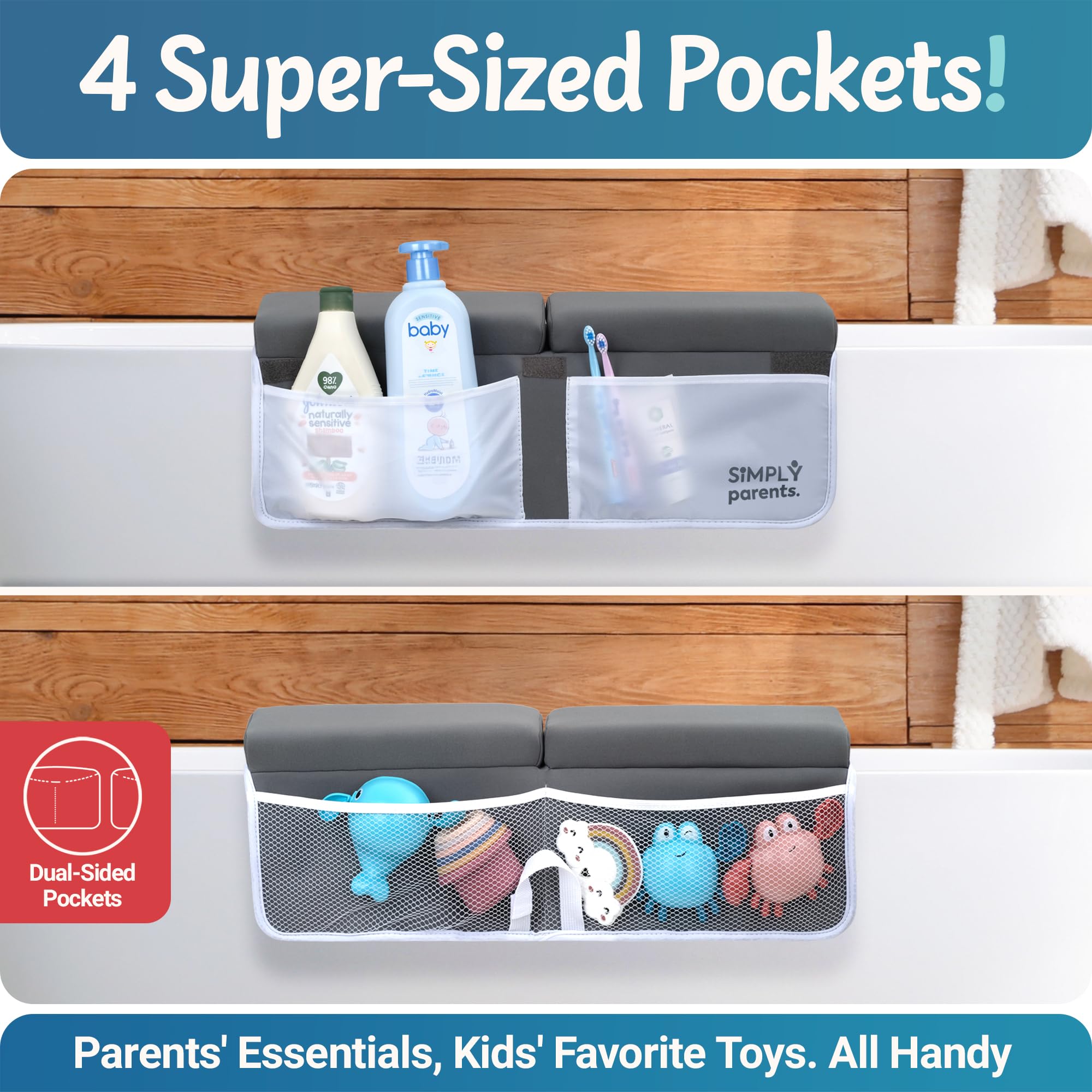 Baby-Badewannenknie- und Ellenbogenstütze, schnelltrocknend, rutschfest, zum Baden von Kleinkindern, Spielzeug-Organizer-Taschen, Geschenkbox, Zubehör für Wanne, Grau