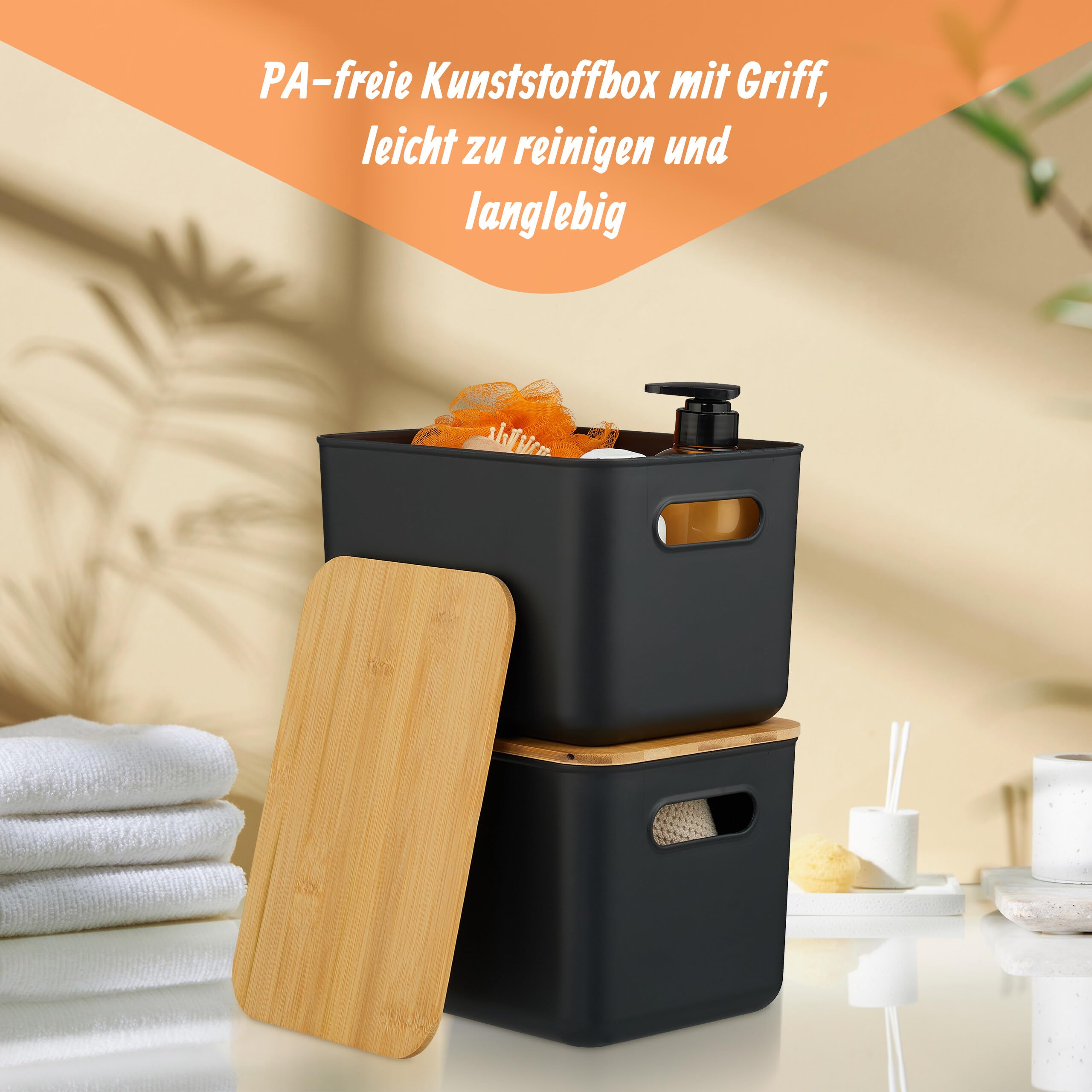 Relaxdays Aufbewahrungsbox, 4er Set, mit Deckel, Kunststoff, Bambus, mit Griffen, Organizer, HBT 16x 26x17,5 cm, schwarz - 3