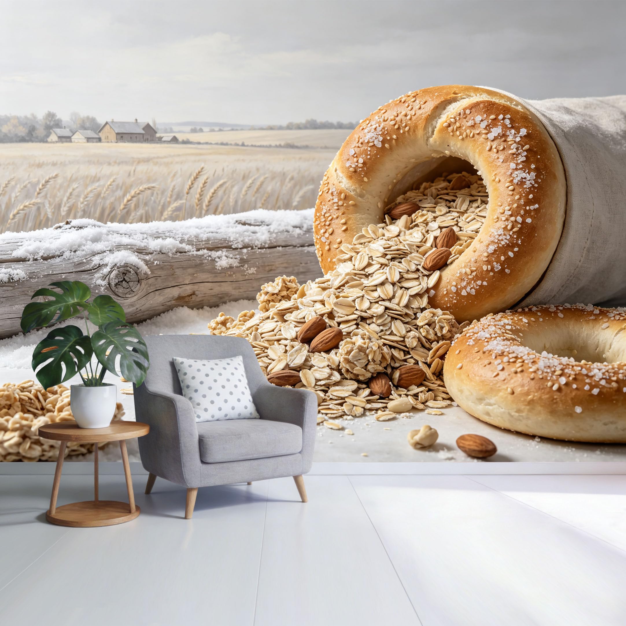 Custom Size Wall Mural Rustic Wheat Field Bakery Still Life Oats Almonds Bagel Farmhouse Style SelfAdhesive Wall Fabric Removable Wallpaper for Home Office Decor