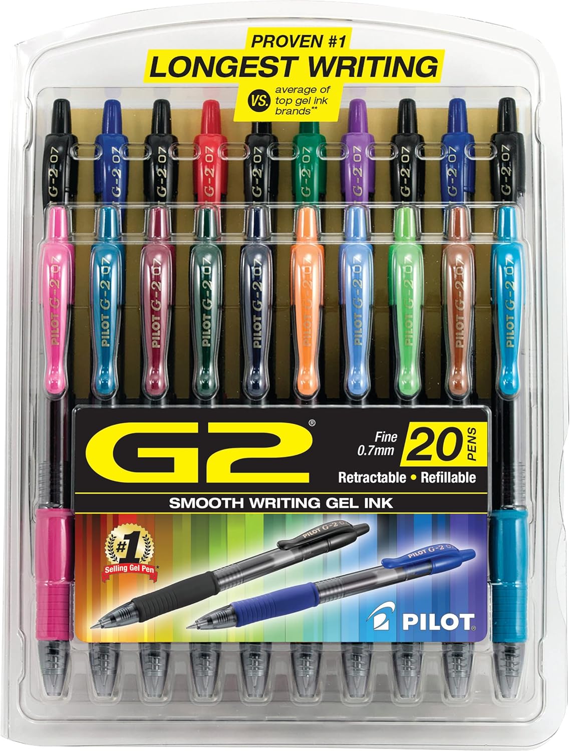 Pilot G2 Premium Retractable Gel Ink Pen, Assorted Ink.7mm, 20/Set