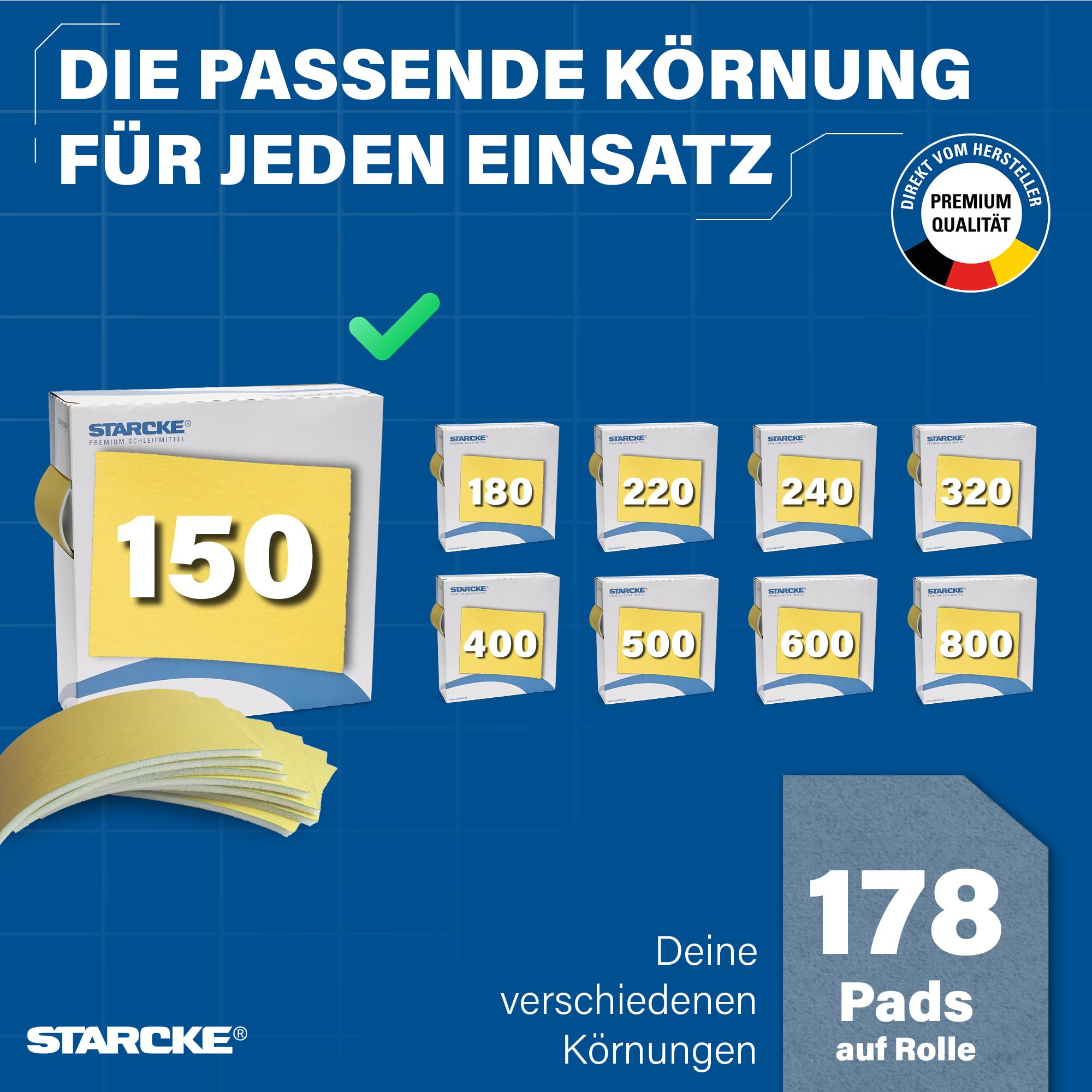 STARCKE® Schleifpapier Set 178x [25m Rolle] Abreißbar mit Schaumstoff - MADE IN GERMANY - Schleifpad Set mit Stearatbeschichtung - für Gips, Lack, Holz, Spachtel, Autolack, Maler (P150)