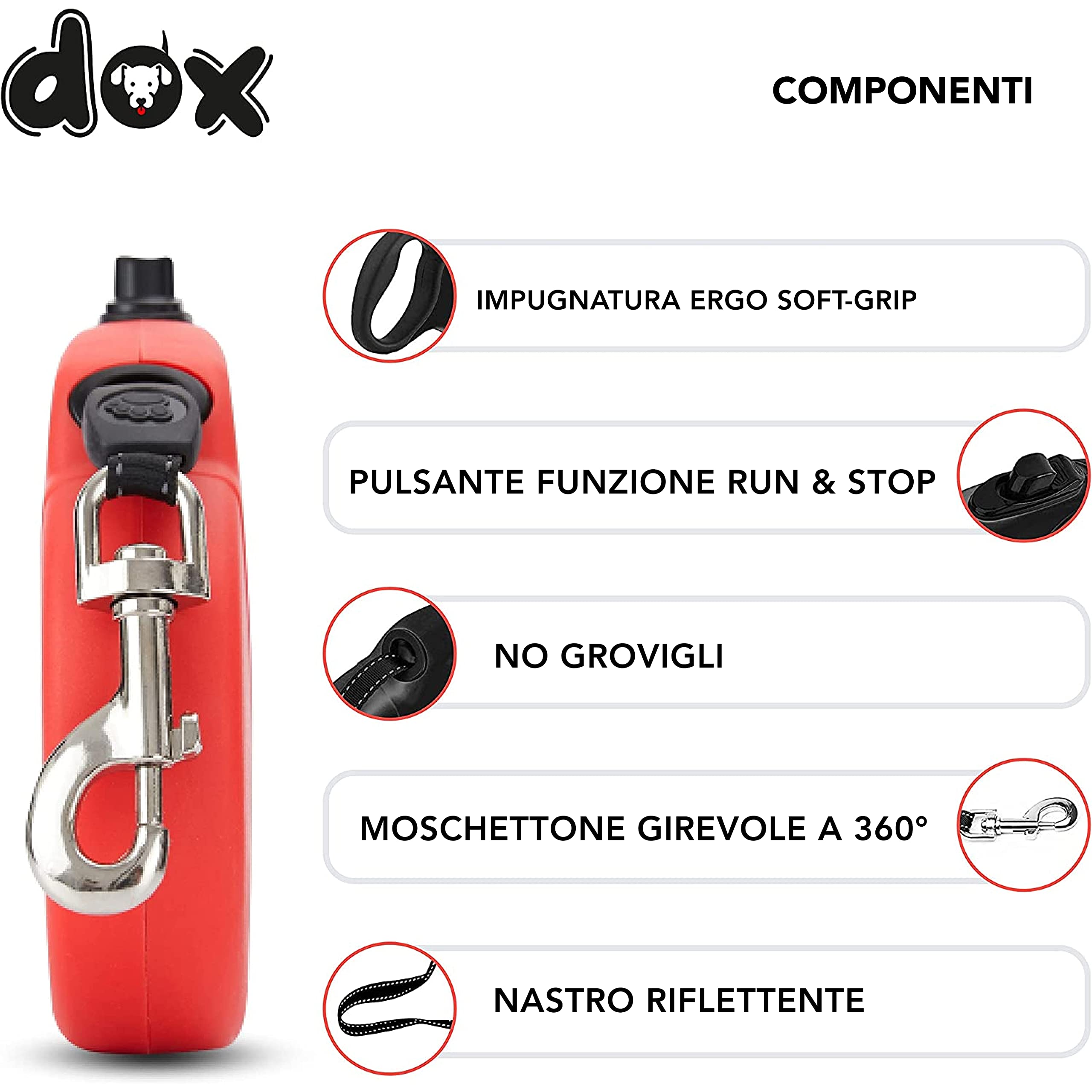 DDOXX Guinzaglio per Cani Allungabile | Colori e Misure Diverse | per Cani Piccoli e Grandi | Accessori Cane Guinzaglio a Bretella Retraibile | Guinzaglio per Gatti e Cani | XS, 3m, Fino a 8 kg, Rosso