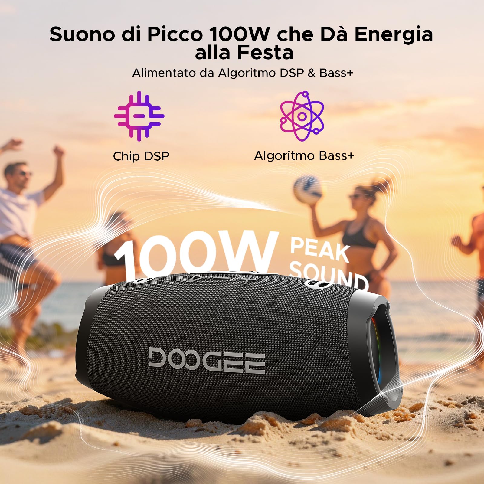 Cassa Portatile Potente 100W Picco,80W RMS,Speaker Wireless IPX5,15 Ore Autonomia,TWS Stereo,Bassi Profondi,RGB,Power Bank,USB TF AUX (BLACK)