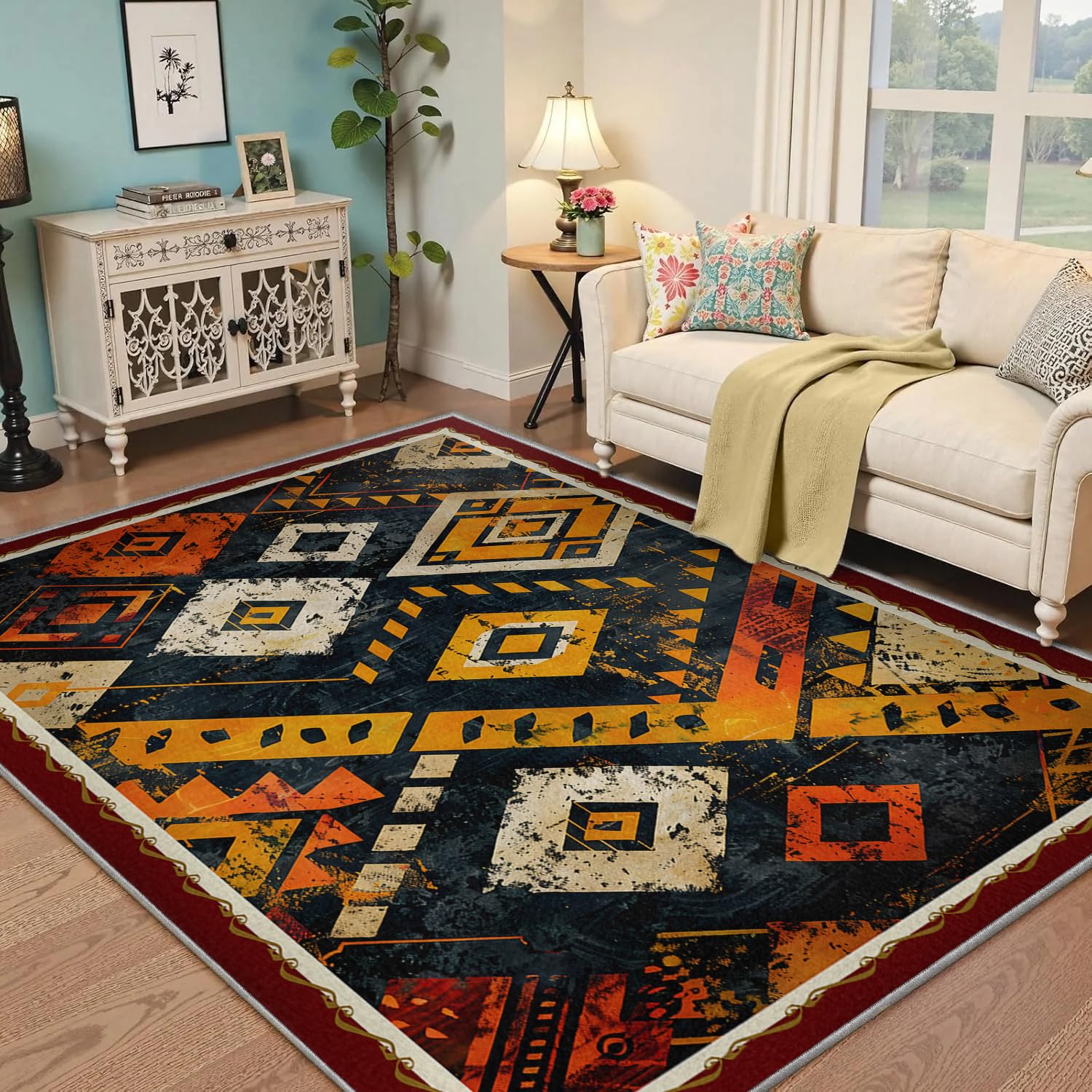 Tappeto tribale nativo americano colorato geometrico azteco retrò tappeto invecchiato lavabile antiscivolo e morbido tappeti di grandi dimensioni per l'arredamento casa dell'ufficio 100x150cm