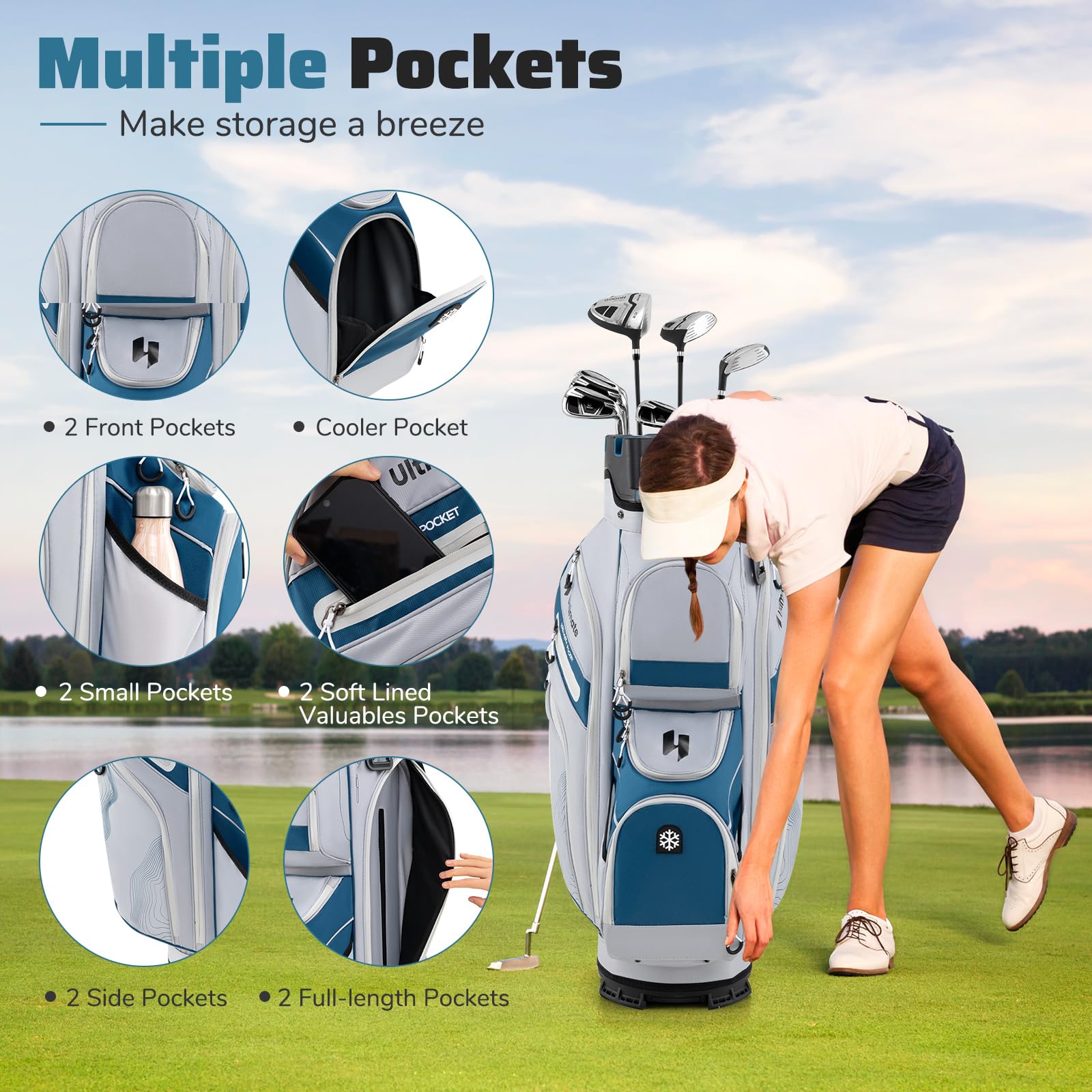 FANTASK Golfwagentasche mit 14 er Unterteilung & Tragegurt, Golfbag, leichtes Golf Cart Bag mit Regenhaube & 11 Taschen für Herren & Damen, Marineblau