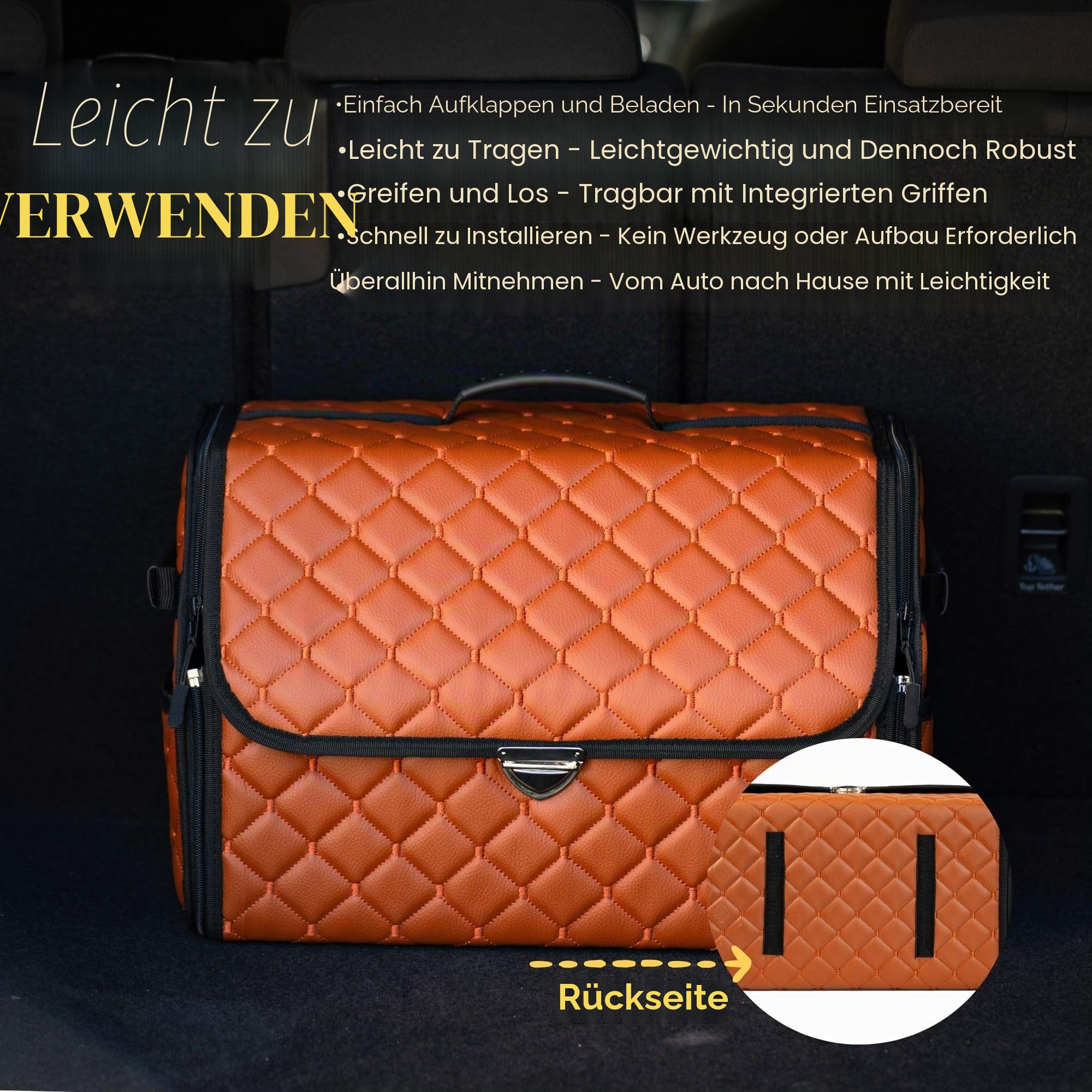 Kofferraum-Organizer aus Leder mit Deckel, faltbarer Auto-Organizer, Trennwand und Kofferraumaufbewahrung mit Taschen, Kofferraum-Organizer, rutschfestes Design (Braun-Schwarz)
