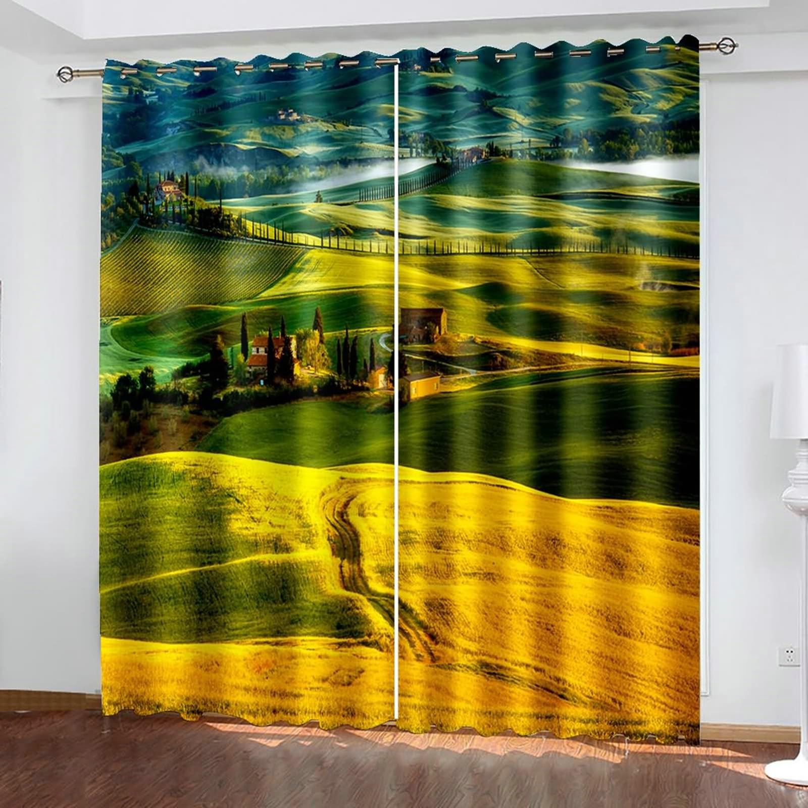 Vorhänge mit Ösen 2er Set, Gardinen Blickdicht Hügel Grasland und Häuser H 160 x B 96 cm Wohnzimmer Verdunklungsvorhänge