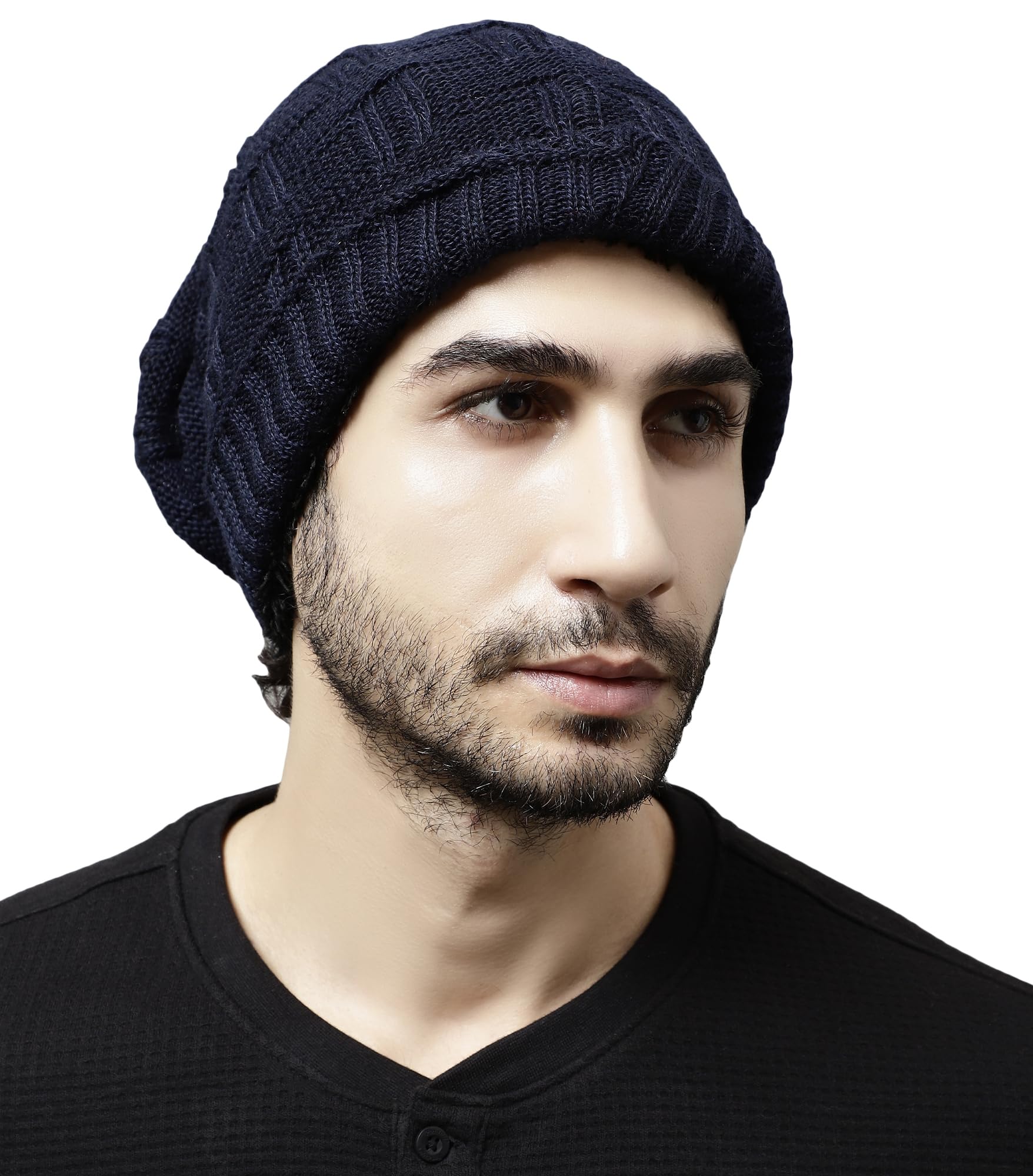 Weavers Villa Snow Proof Inside Fur Acro Wool Unisex Beanie Cap Knit Hat Thick Fleece Lined Winter Cap for Men & Women, Free Size… (Navy Blue) - Image 2 thumbnail