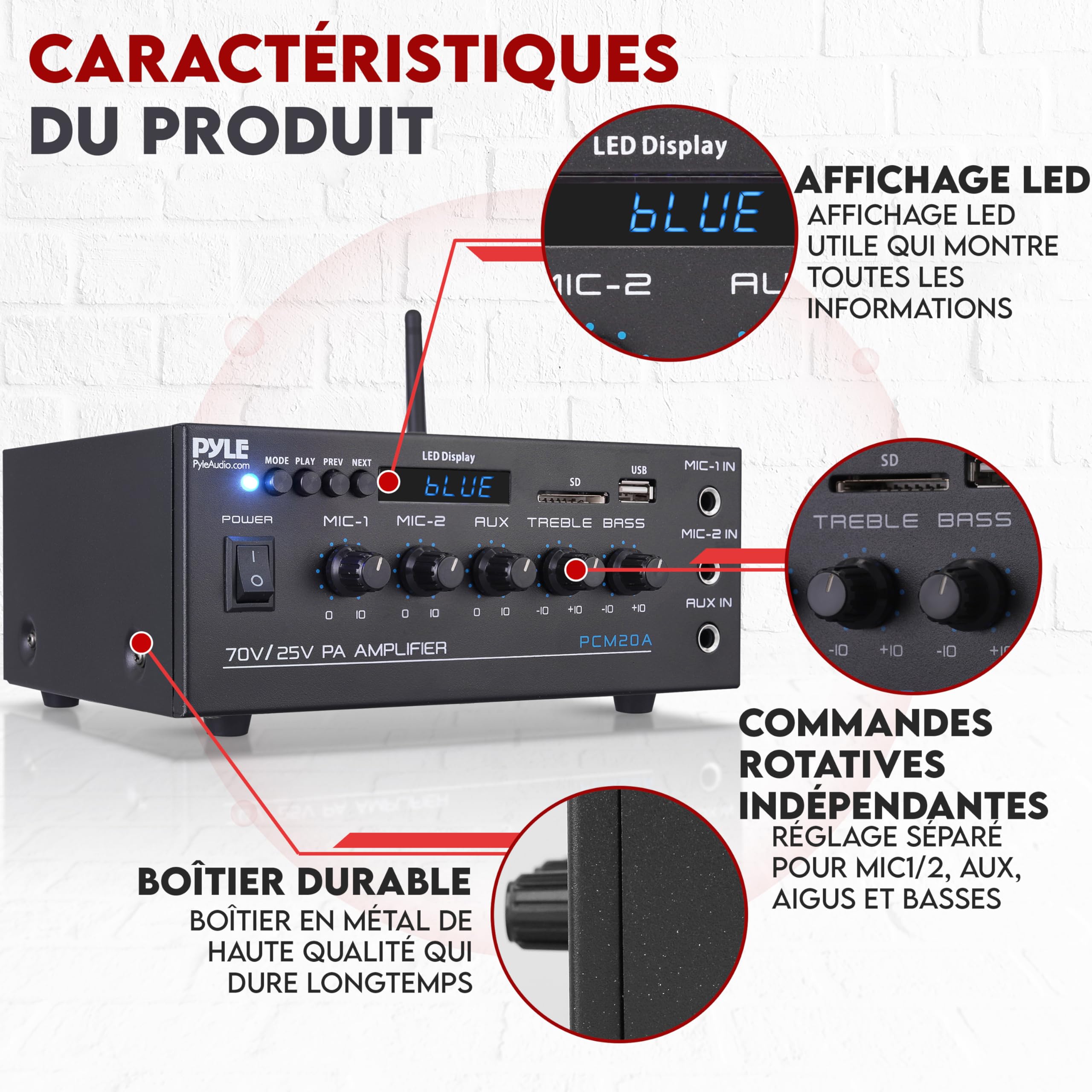 Pyle – Amplificateur Audio Compact 40 W Bluetooth pour Maison et PA, Entrée AUX, 2 Entrées Micro avec Talkover, Sorties Haut-Parleurs 8 Ohms / 25 V / 70 V, Réglages Graves/Aigus