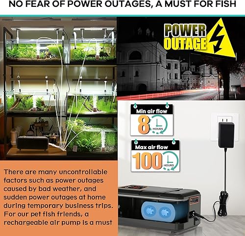 Miniatura 3 de hygger Bomba de aire recargable IPX6 para estanque de acuario, potente bomba de aire de tanque silencioso con manguera, válvula de retención de