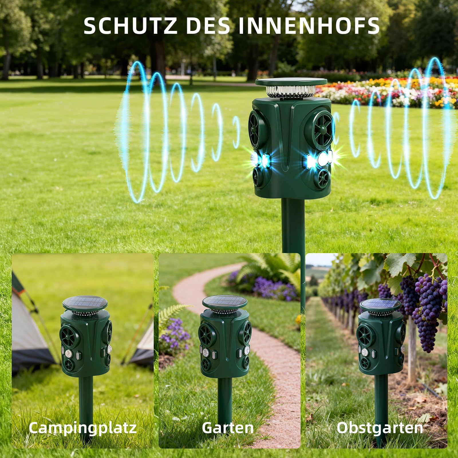 Katzenschreck Ultraschall Marderschreck, 360 Grad Katzenschreck für Garten mit LED-Blitzlicht, IP66 Wasserdicht 5 Modus Solar Tiervertreiber – Katzenabwehr Marderabwehr Vogelabwehr Waschbär Abwehr