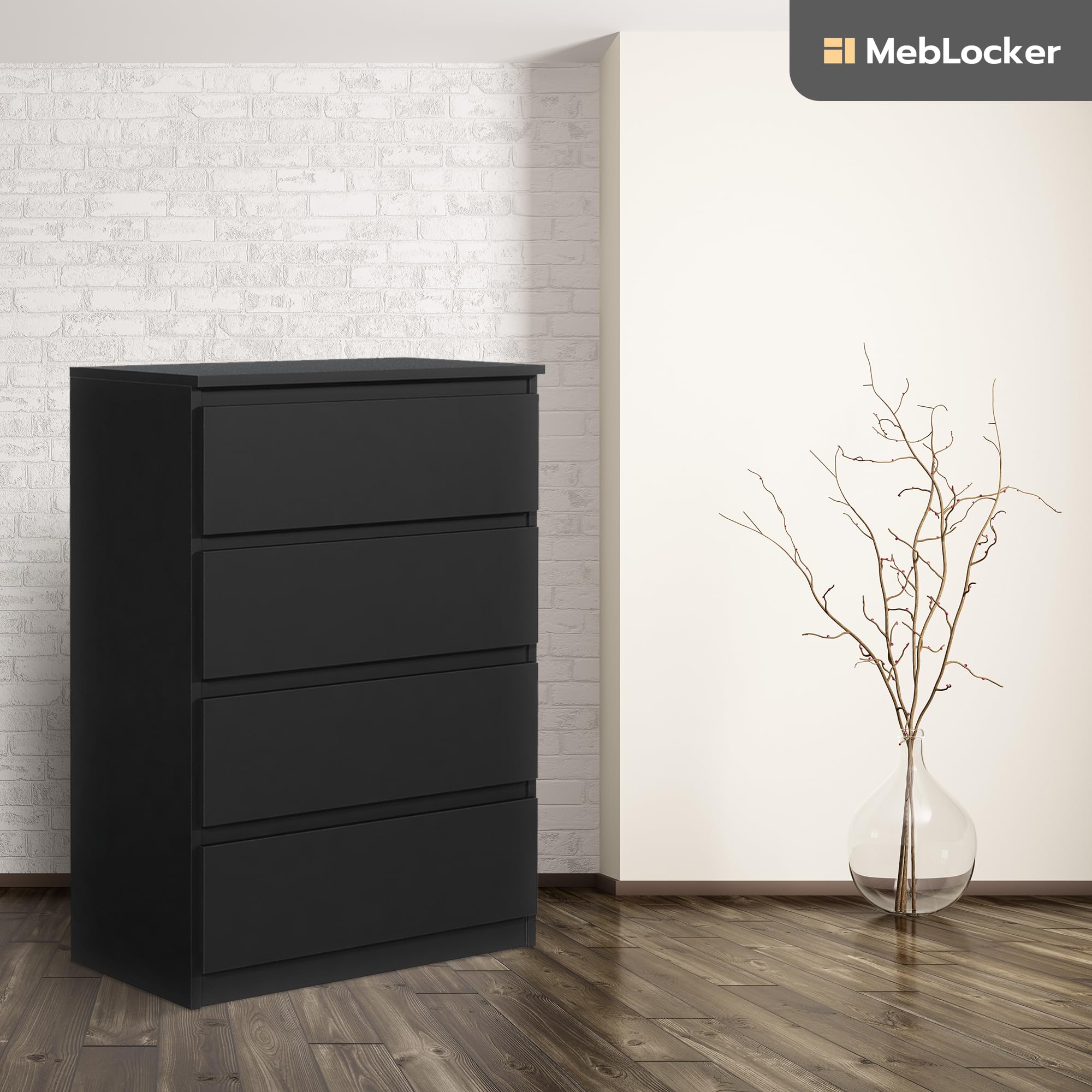 Commode à 4 tiroirs, idéale pour Le Salon, la Chambre à Coucher, la Chambre d'enfant, la Chambre d'adolescent et Le Bureau, (Noir)