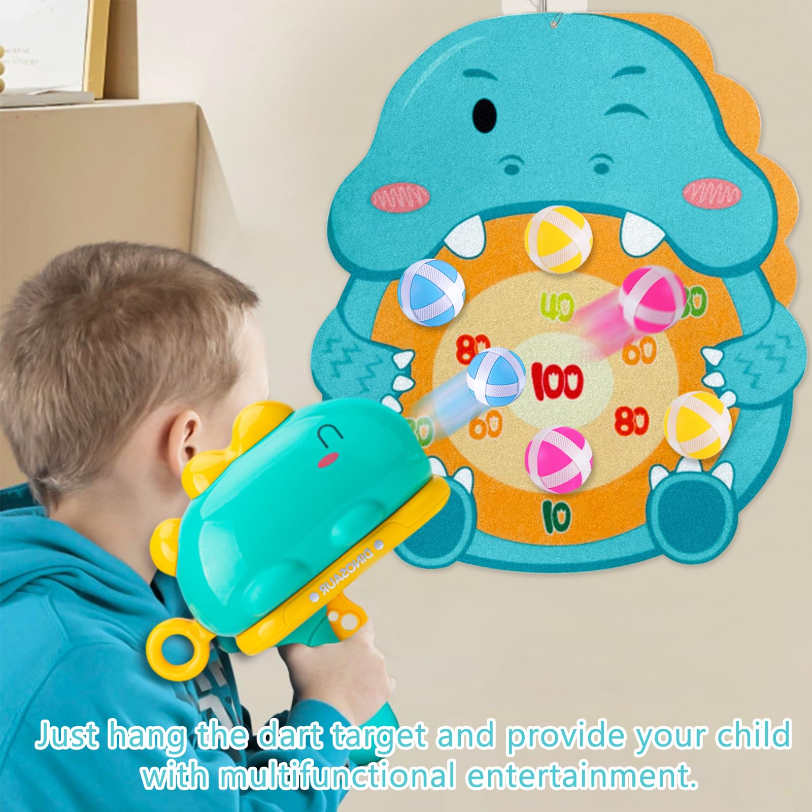 Pistolets de dinosaure Jeux de tir à la cible avec tableau de fléchettes, jouets de tableau de fléchettes pour intérieur extérieur, cadeau de dinosaure pour garçons et filles de 6 ans
