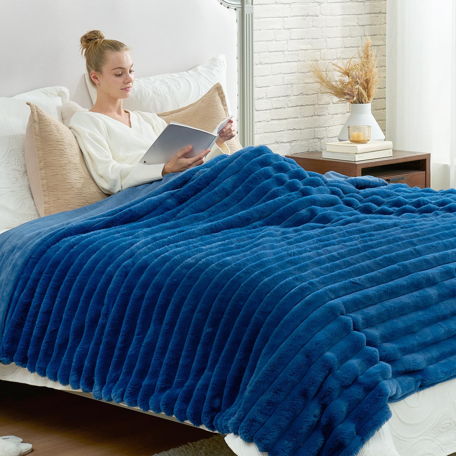 Photo 1 of Cozy Bliss Faux Fur Throw Blanket for Couch, Cozy Warm Plush Striped Blanket for Sofa Bedroom Living Room, 108 * 90 Inches Navy Blue