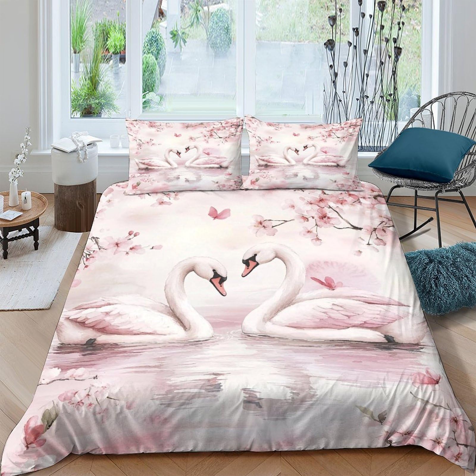 Ctjqhvkz Style-9 3D Printed Swan Blossom Fitted Sheet Microfiber Soft Pink Lake Bed Cover Non Slip Bedroom Decor Machine Washable Single（135X200cm）