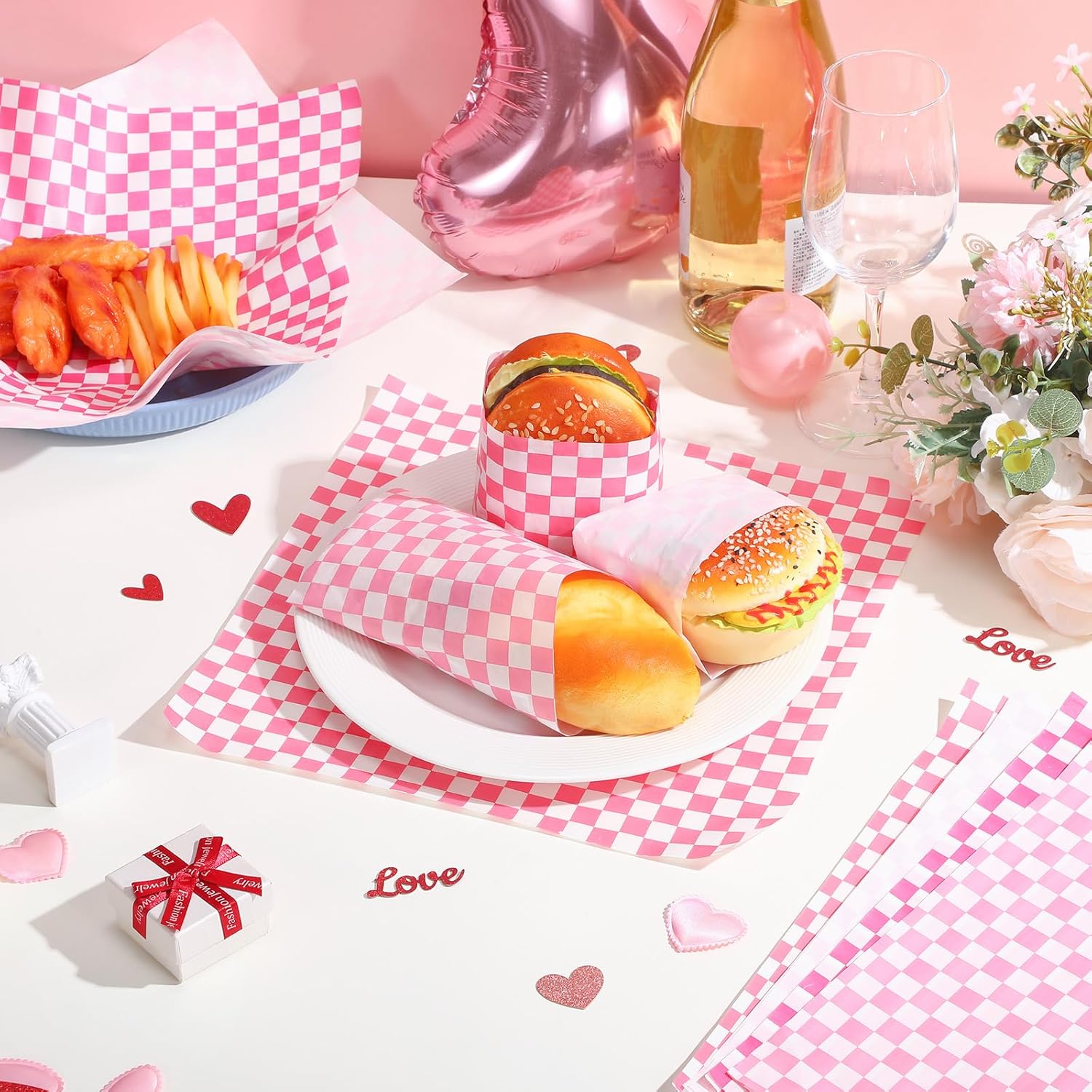 Honoson 2000 Sheets Wax Paper 12 x 12 Inches Grease Resistant Delicatessen Wrapping Food Paper Sheets Checkered Food Basket Liners for Kitchen Party Festival Mother's Day(Pink White Checkered)