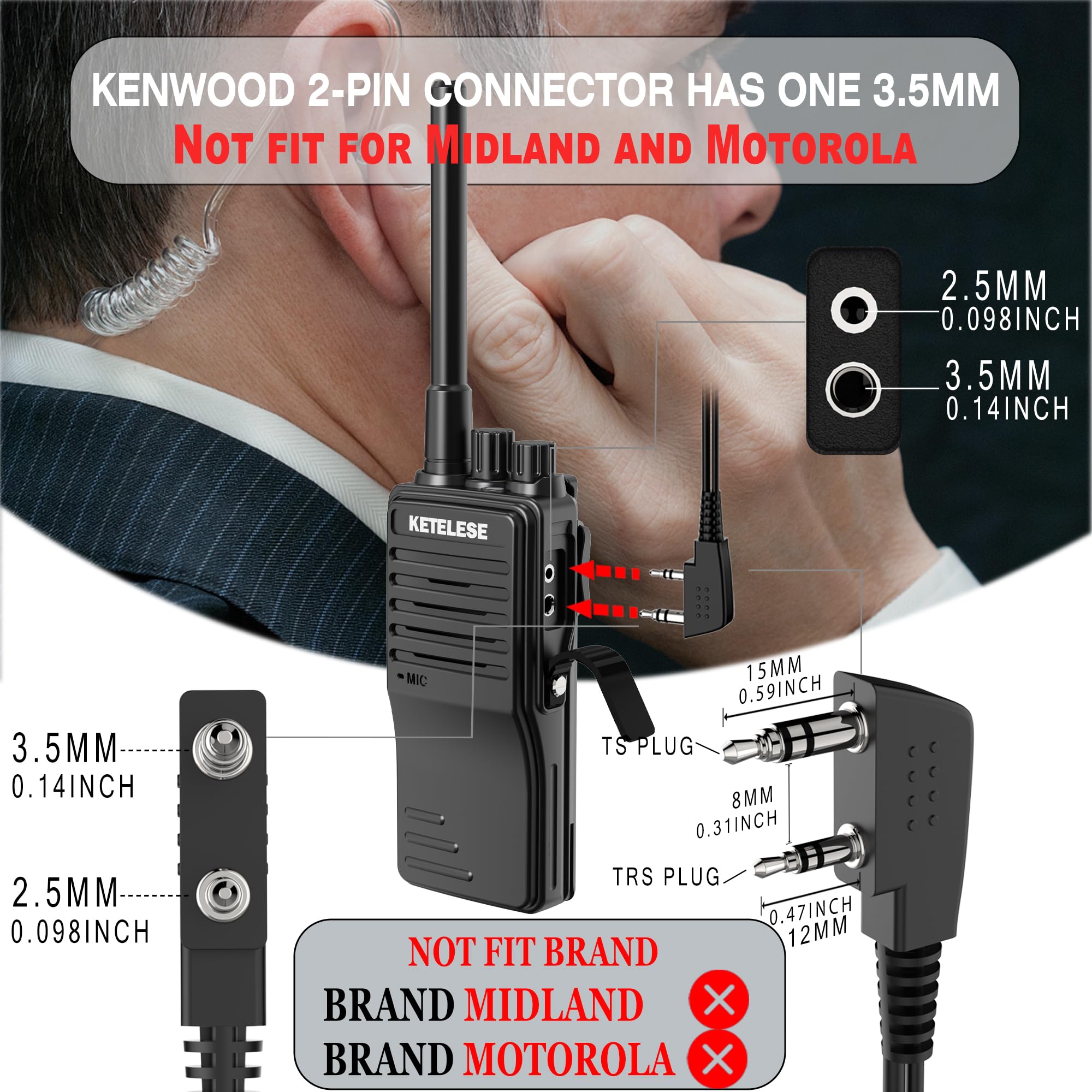KETELESE Walkie-Talkie-Ohrhörer mit Mikrofon, 2-poliger Luft-Akustikschlauch, kompatibel mit Marken (Baofeng, Kenwood, Puxing, Wouxun, Retevis), Zwei-Wege-Radio-Ohrhörer mit PTT/VOX (2 Stück)